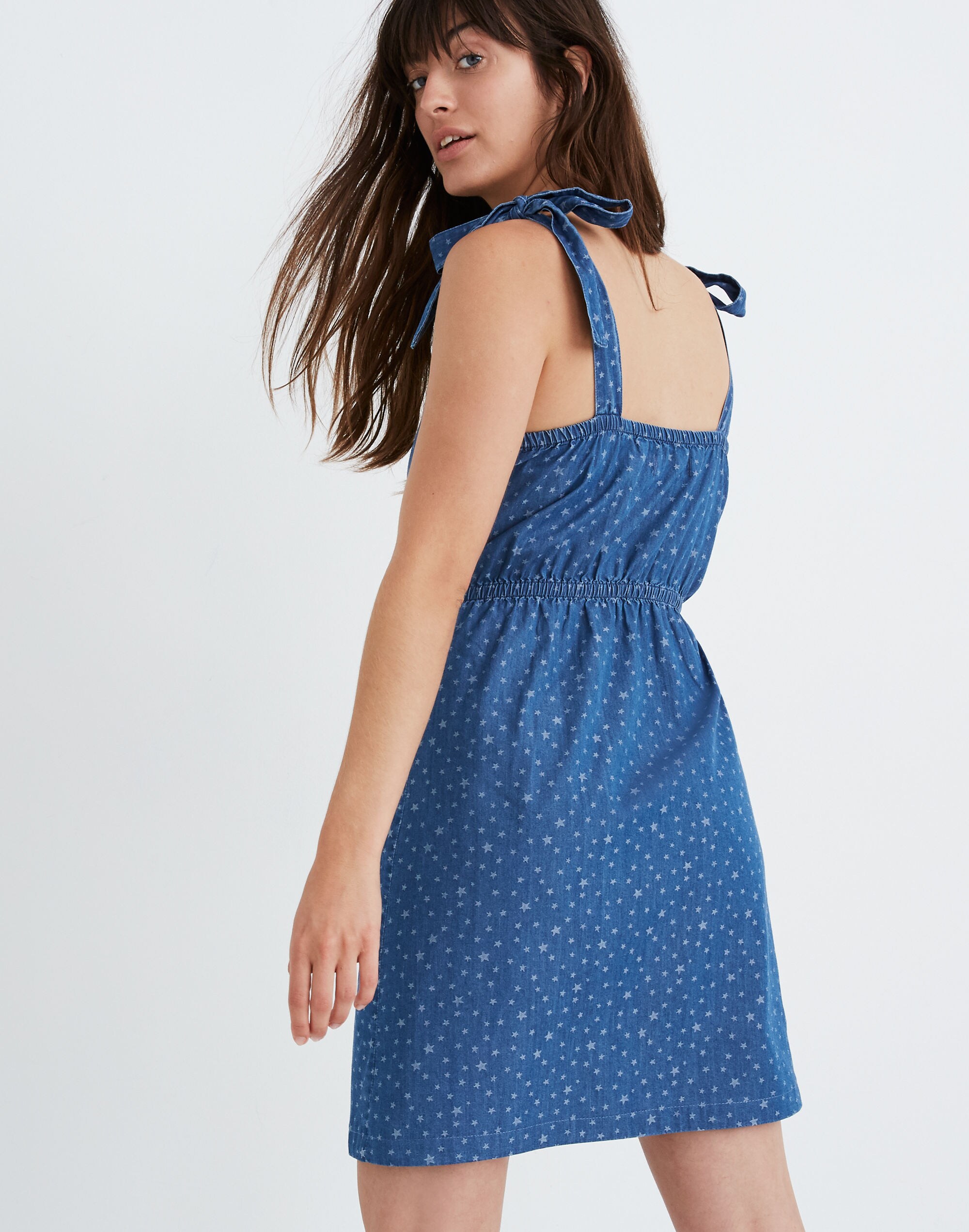 Denim Tie-Strap Button-Front Sundress in Star Jacquard