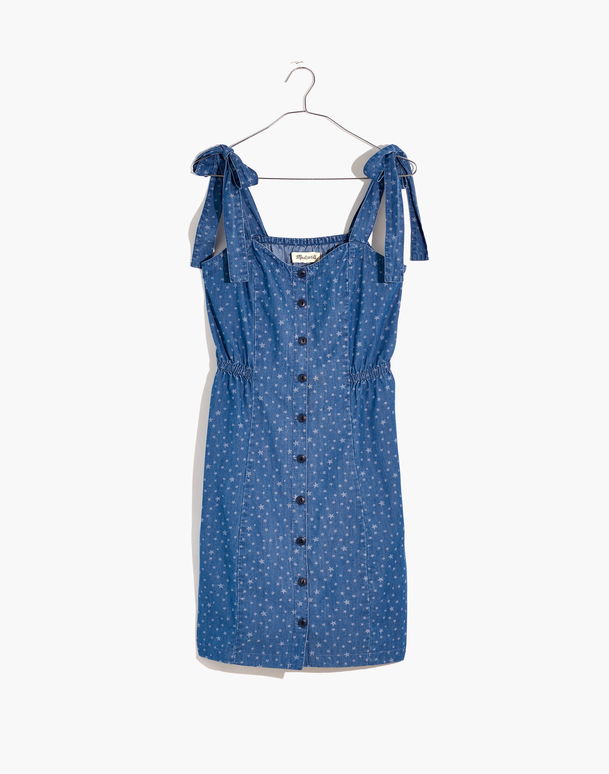 Denim Tie-Strap Button-Front Sundress in Star Jacquard