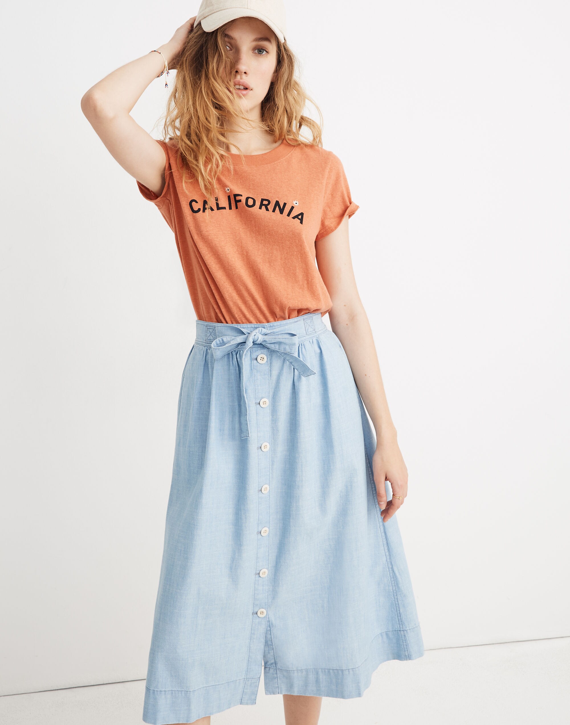 Tie Palisade Button-Front Midi Skirt in Chambray