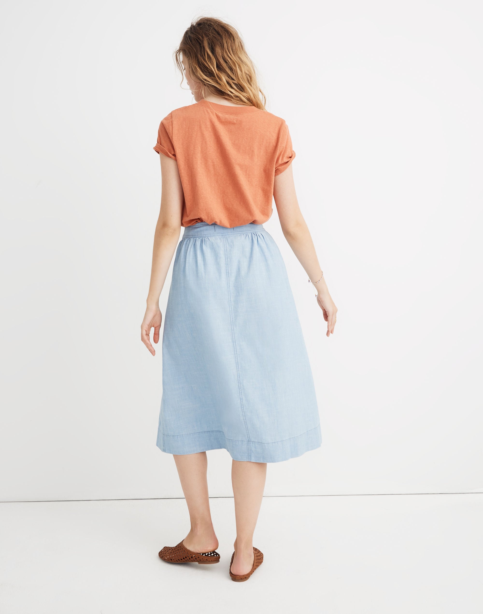 Tie Palisade Button-Front Midi Skirt in Chambray