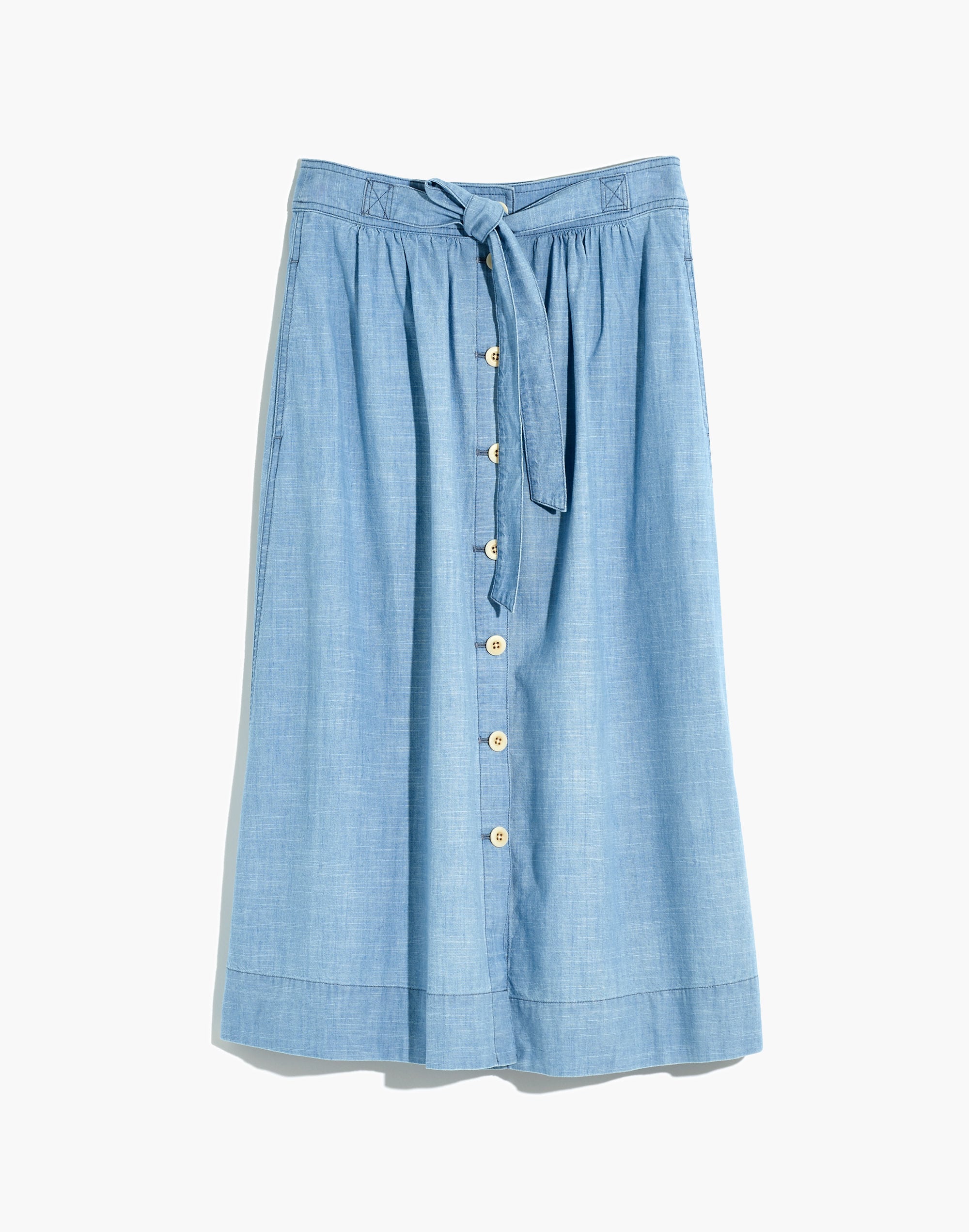 Tie Palisade Button-Front Midi Skirt in Chambray