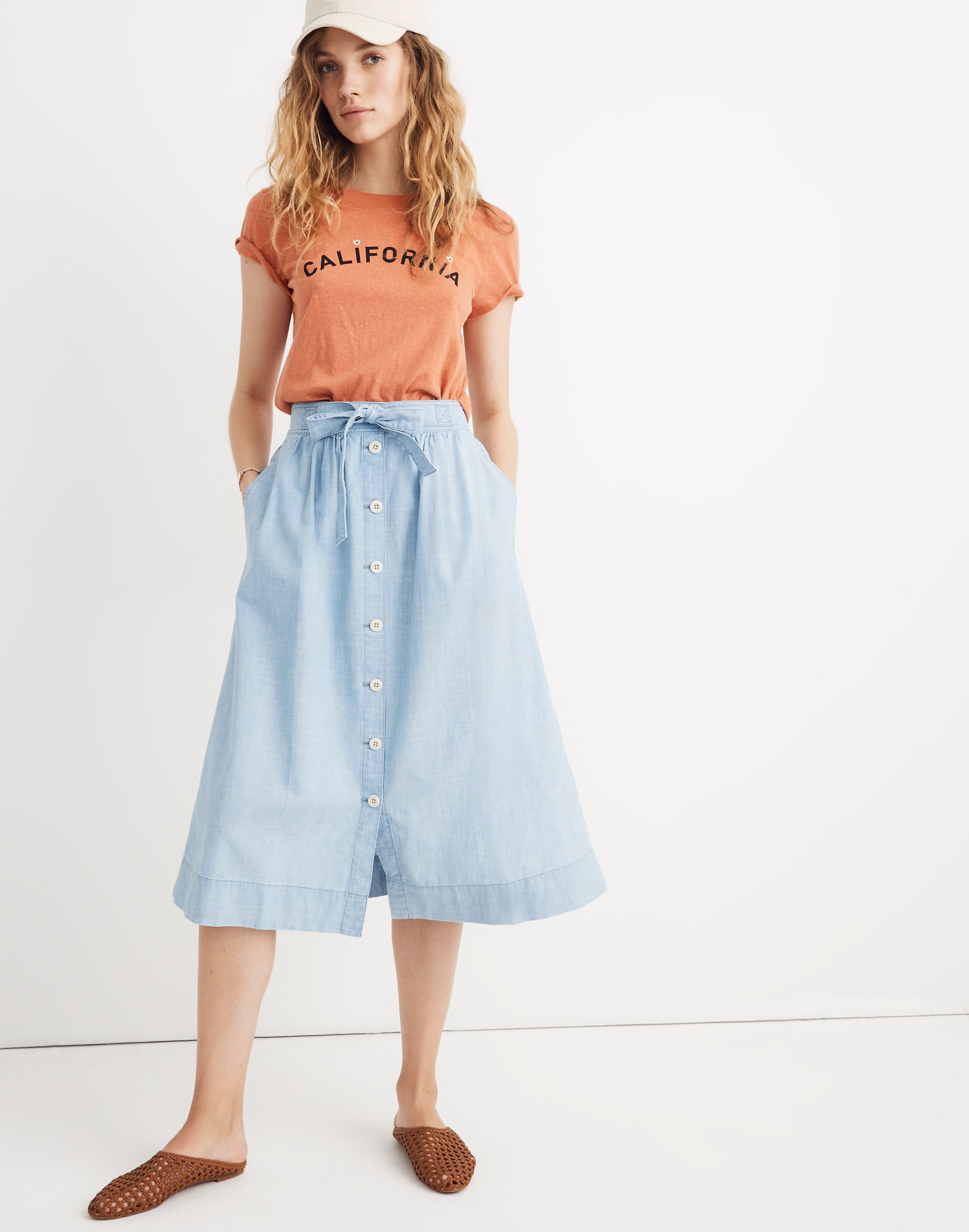 tie palisade button-front midi skirt in chambray