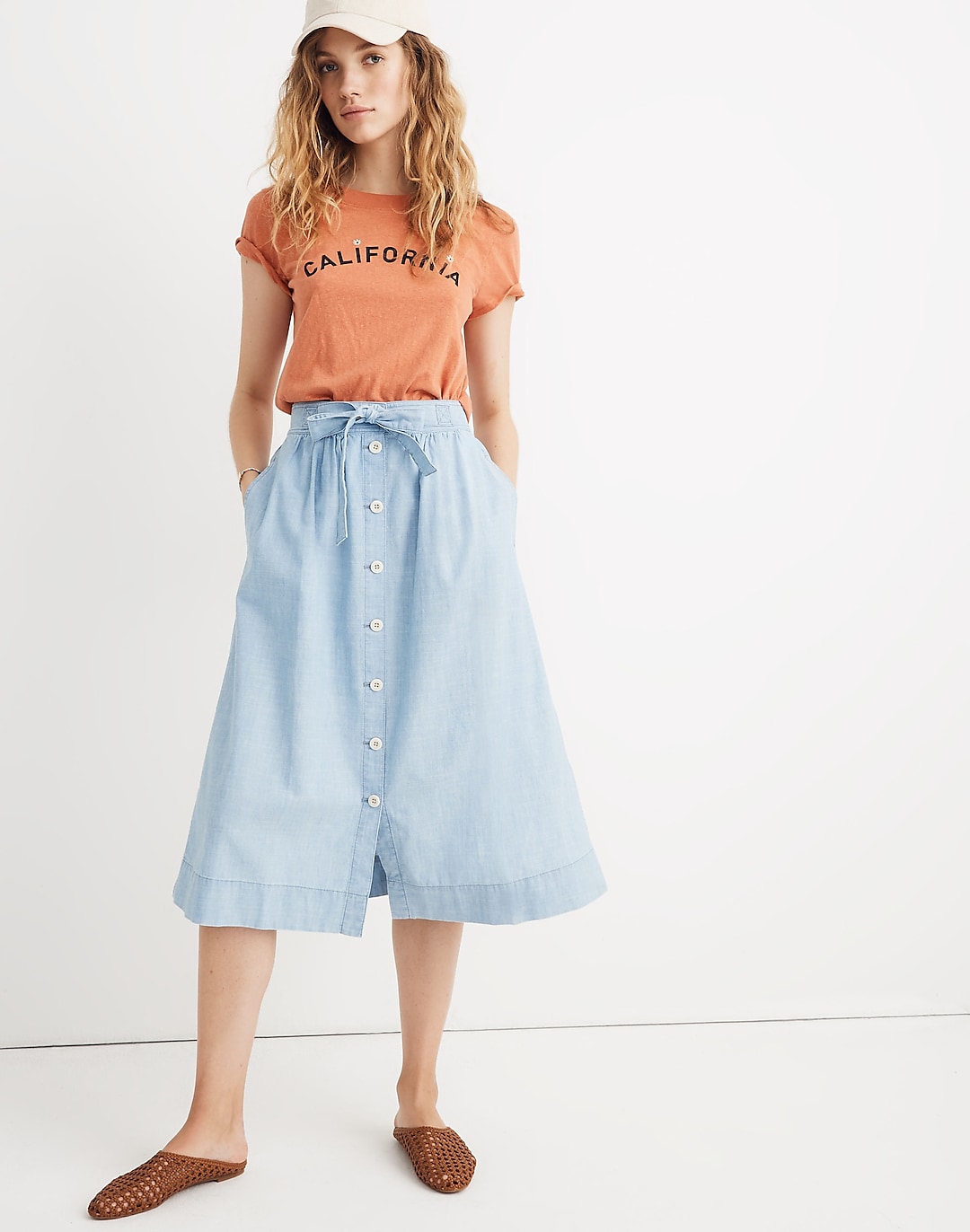 Tie Palisade Button-Front Midi Skirt in Chambray