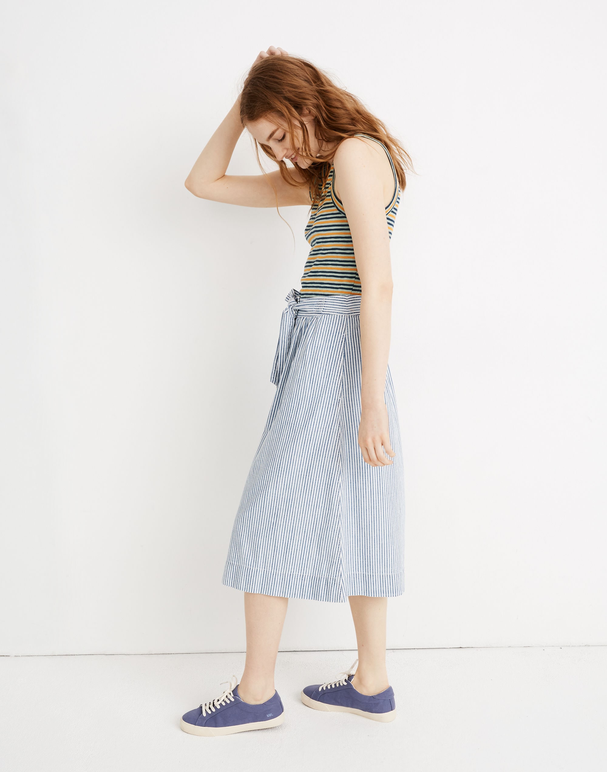 Tie Palisade Button-Front Midi Skirt in Pilar Stripe