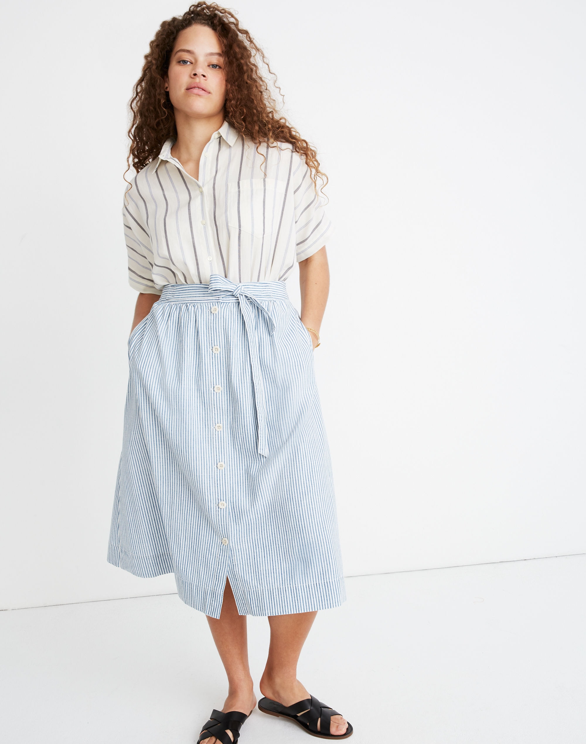 Tie Palisade Button-Front Midi Skirt in Pilar Stripe