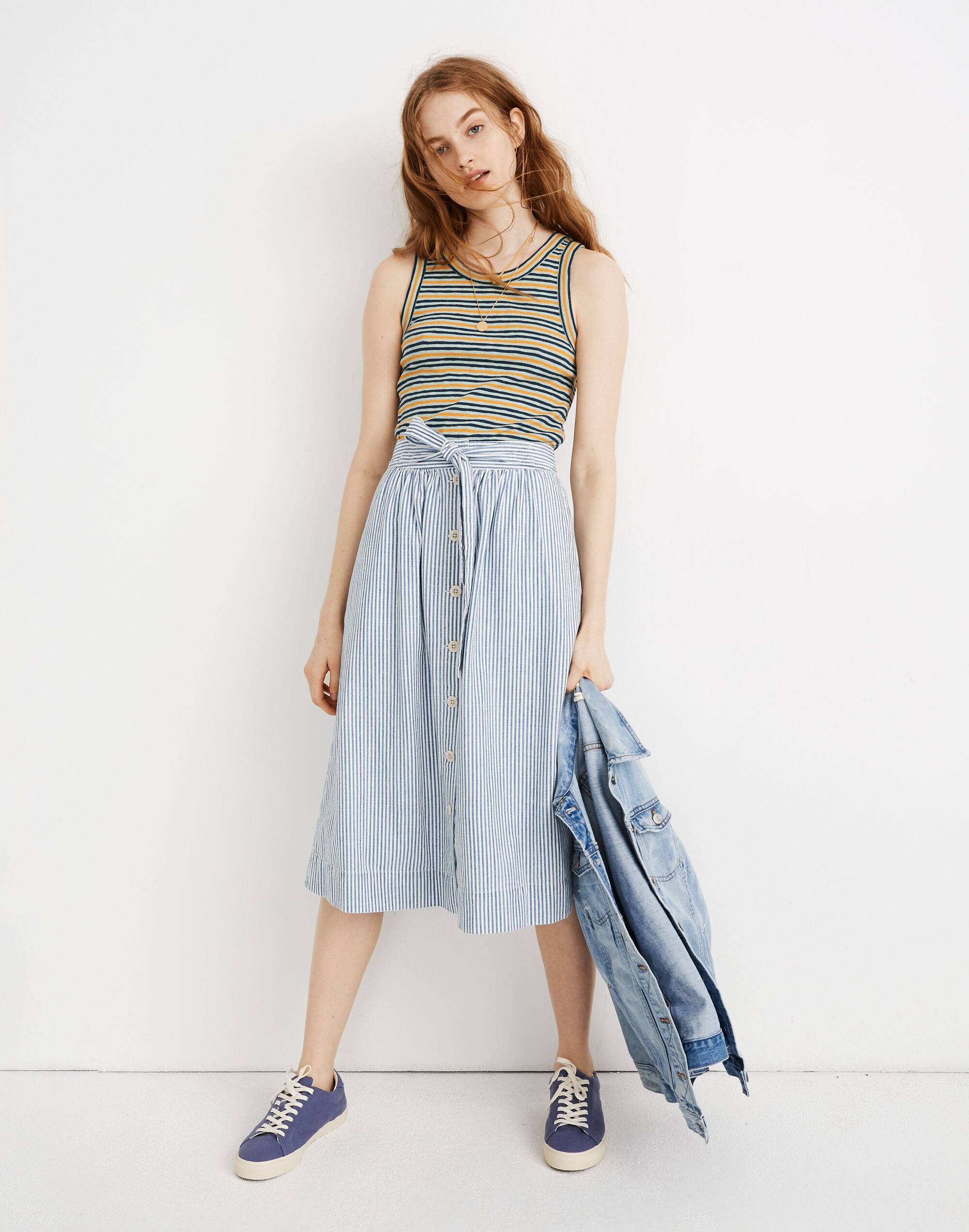 Tie Palisade Button-Front Midi Skirt in Pilar Stripe