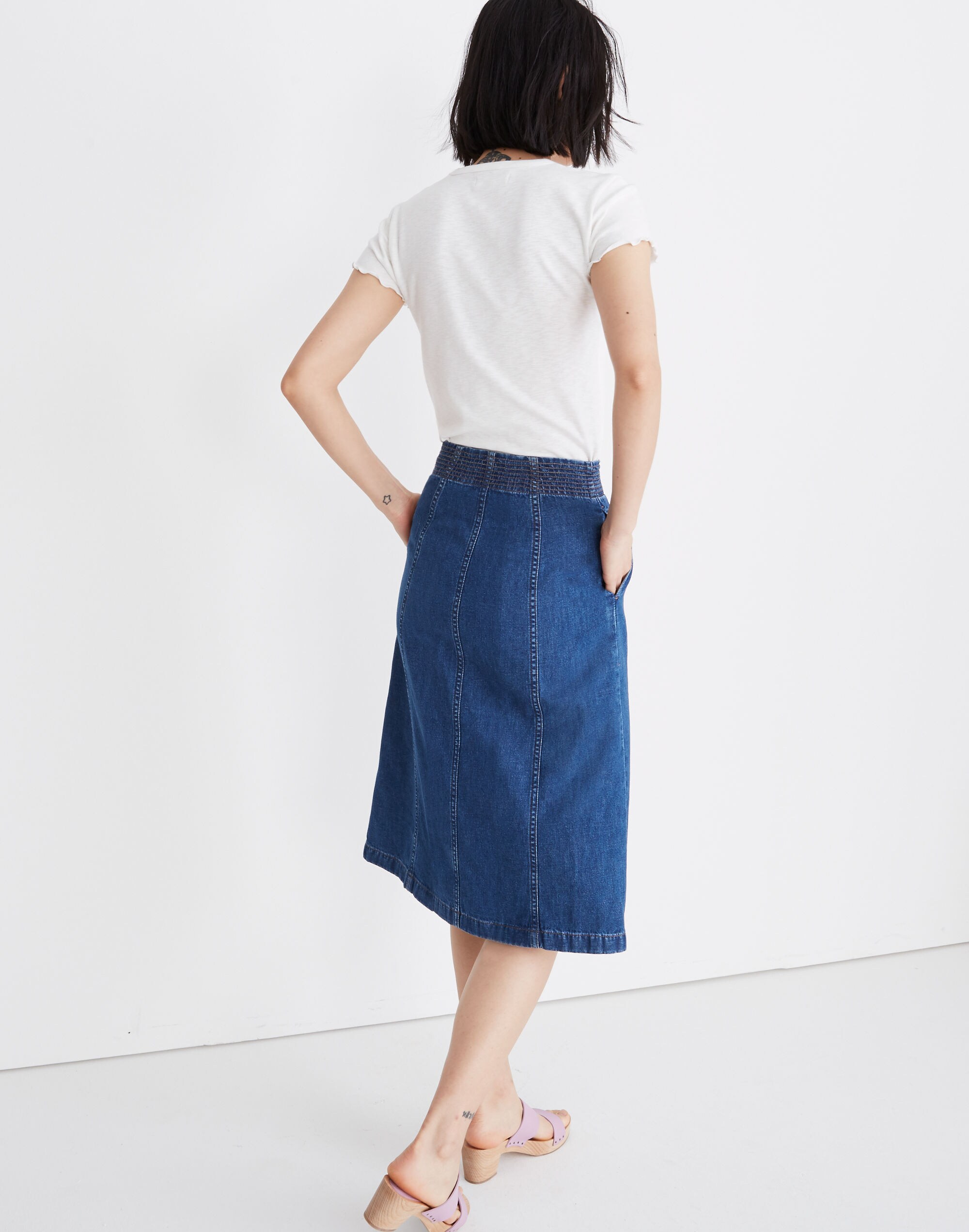 Rigid Denim Zip Midi Skirt in Farley Wash