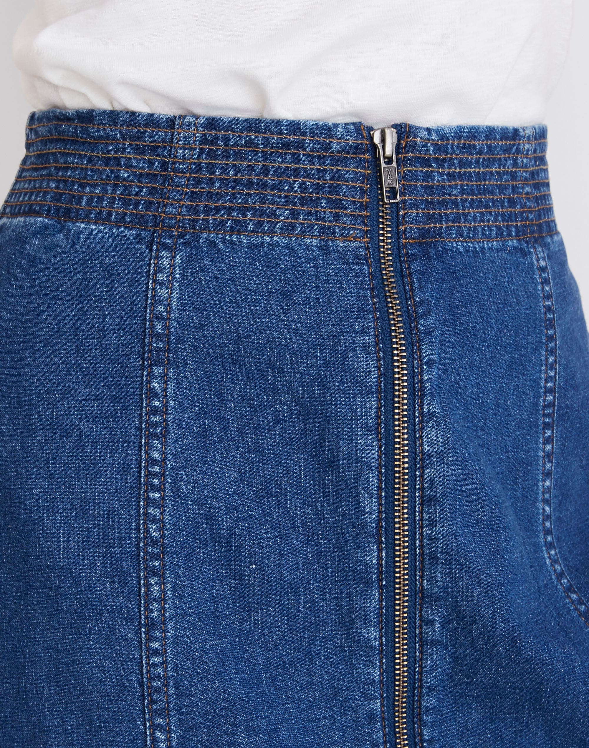 Rigid Denim Zip Midi Skirt in Farley Wash