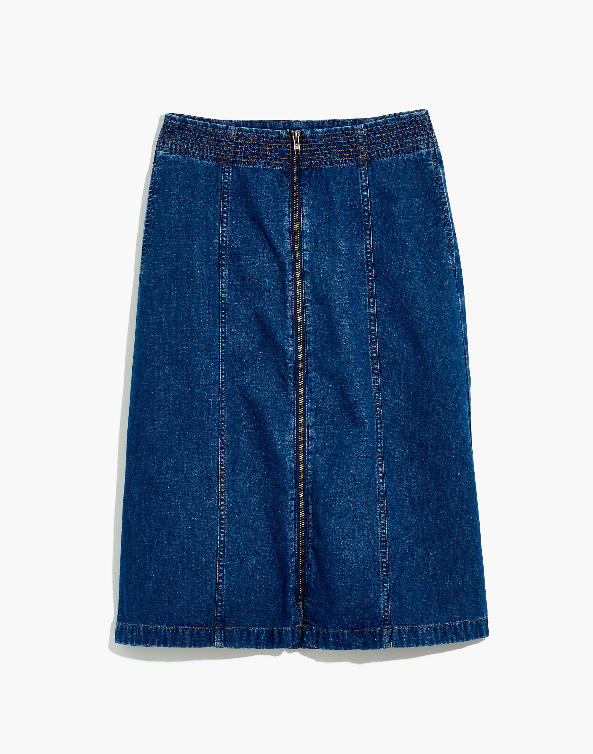 Rigid Denim Zip Midi Skirt in Farley Wash