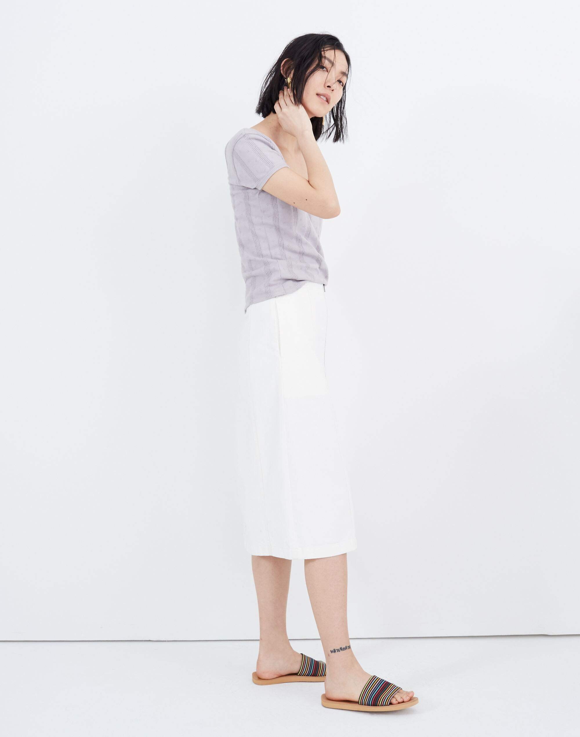 Rigid Denim Zip Midi Skirt in Tile White