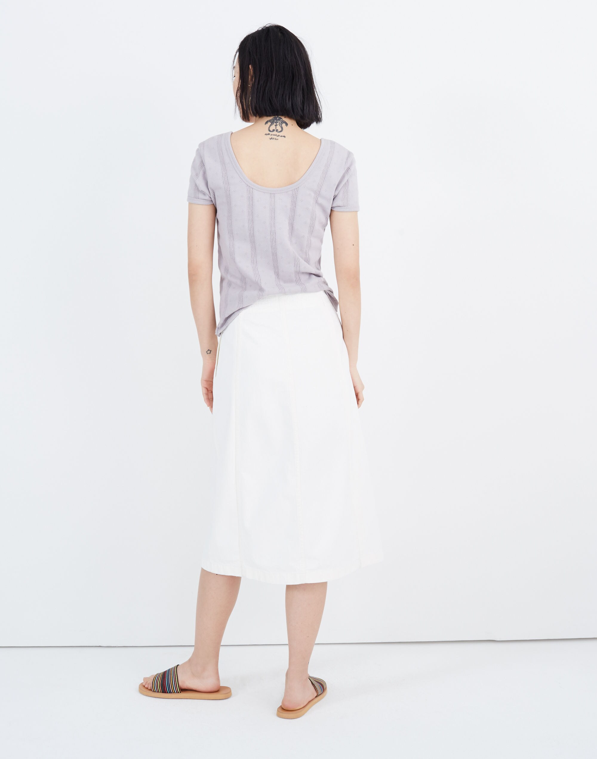 Rigid Denim Zip Midi Skirt in Tile White