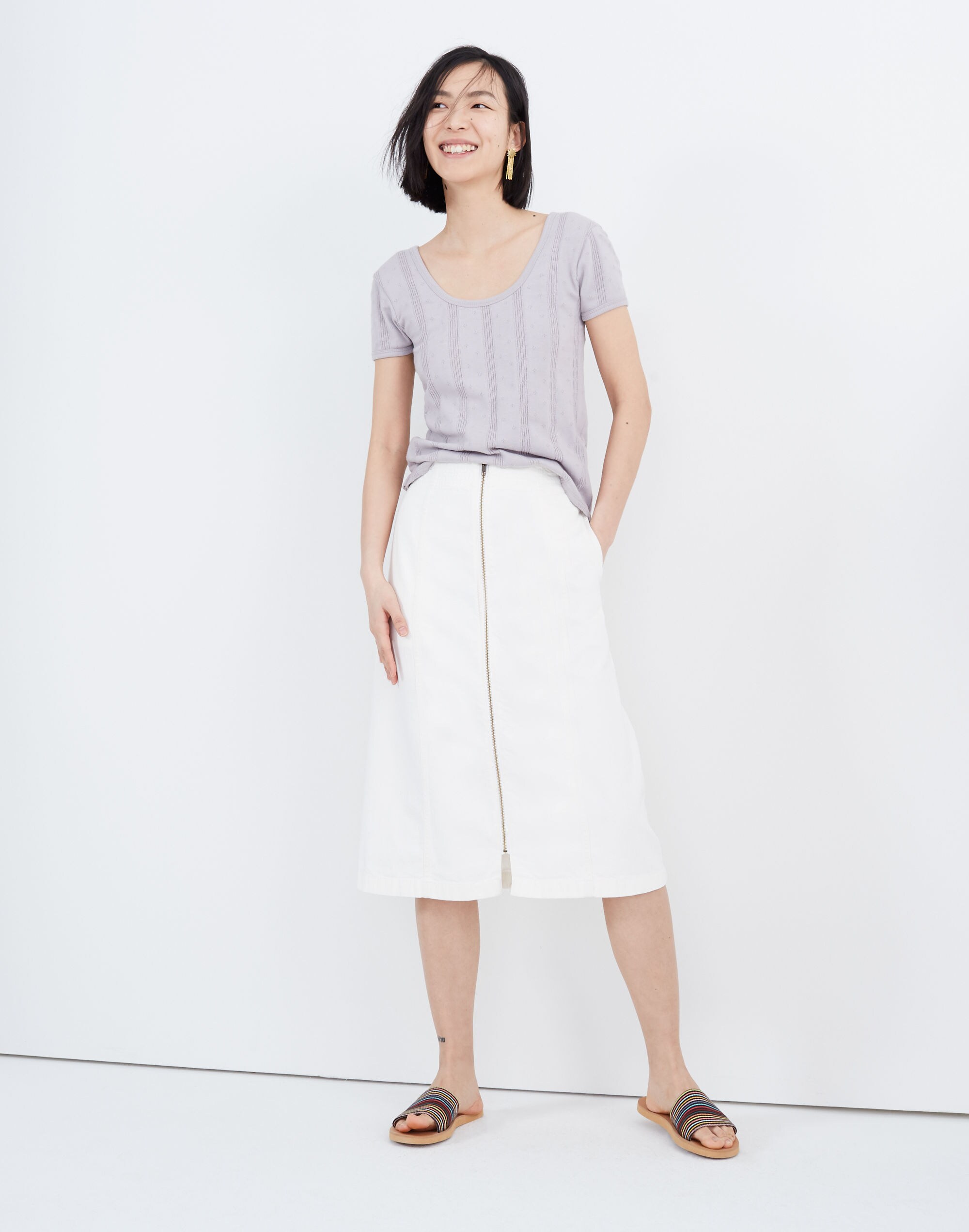 Rigid Denim Zip Midi Skirt in Tile White