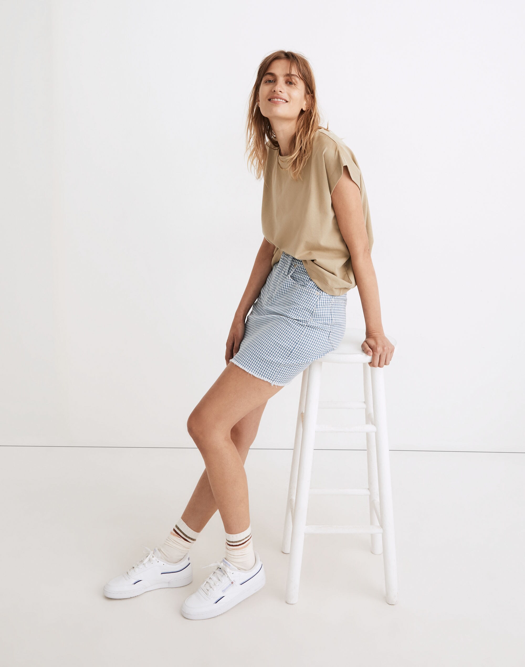 Stretch Straight Mini Skirt in Gingham: Raw-Hemmed Edition