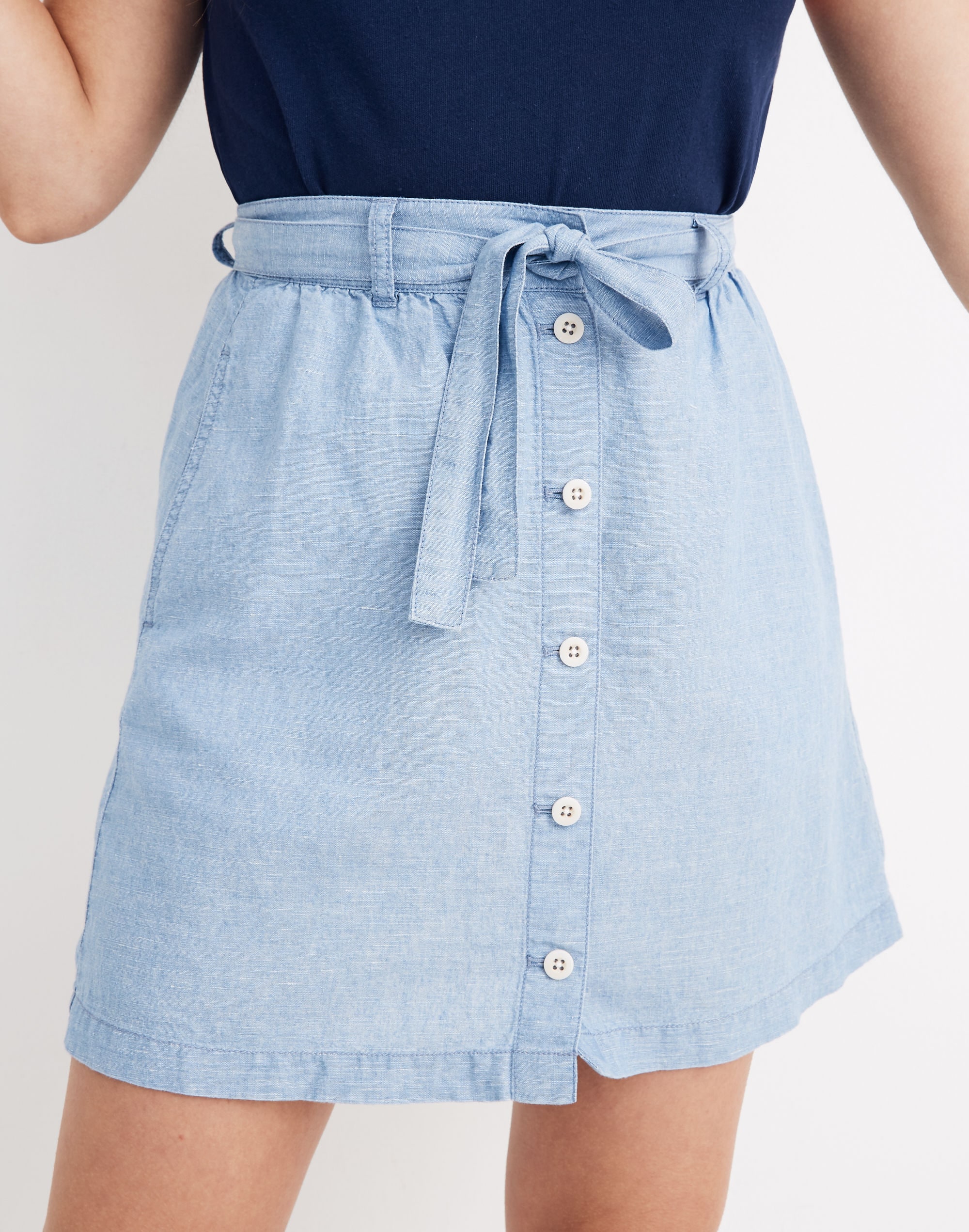 Denim Button-Front Tie Mini Skirt