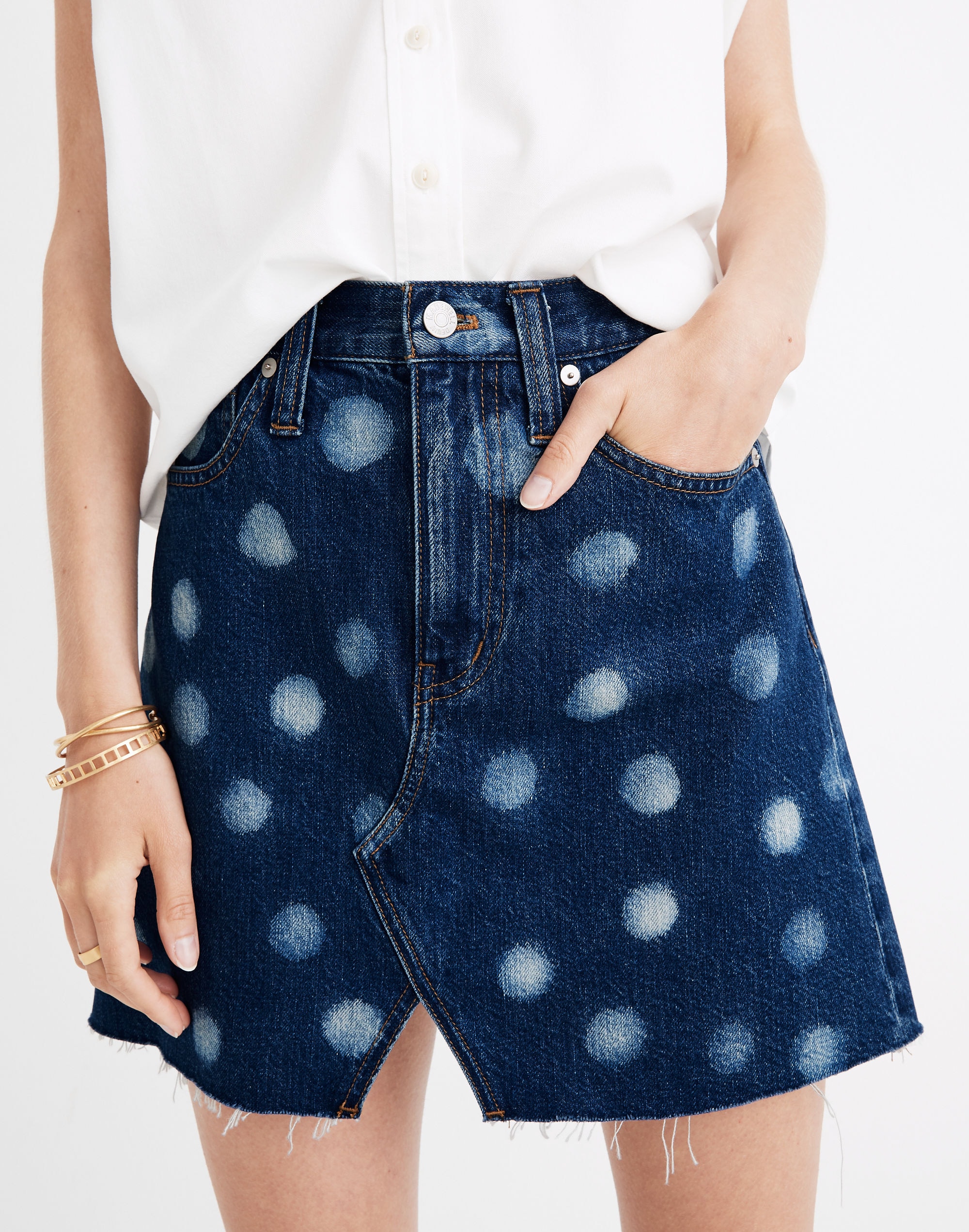 Rigid Denim A-Line Mini Skirt: Polka Dot Edition