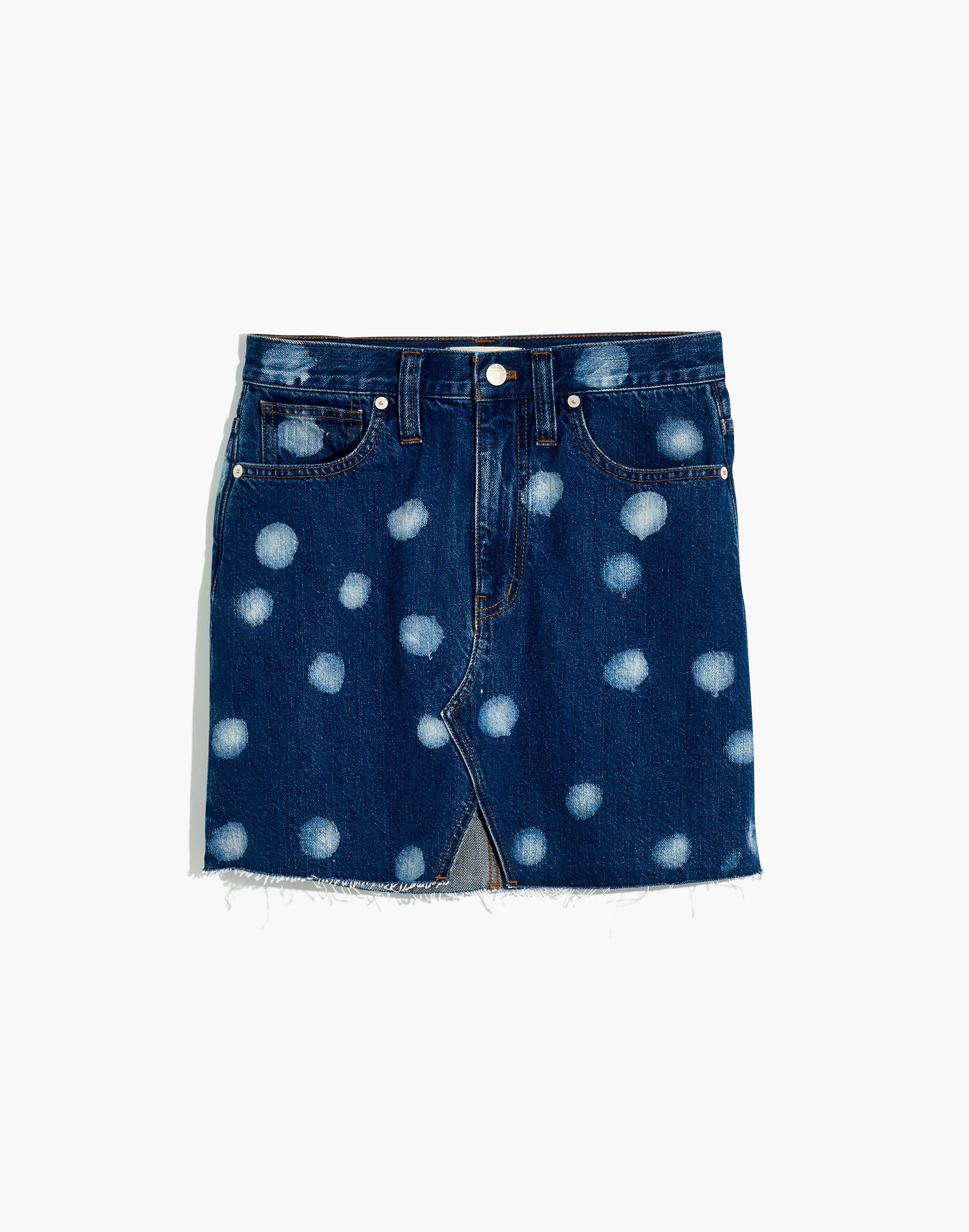 Rigid Denim A-Line Mini Skirt: Polka Dot Edition