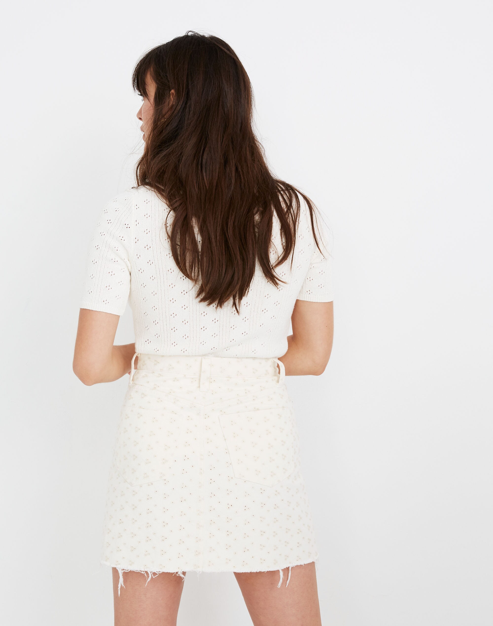 Rigid Denim A-Line Mini Skirt in Embroidered Eyelet