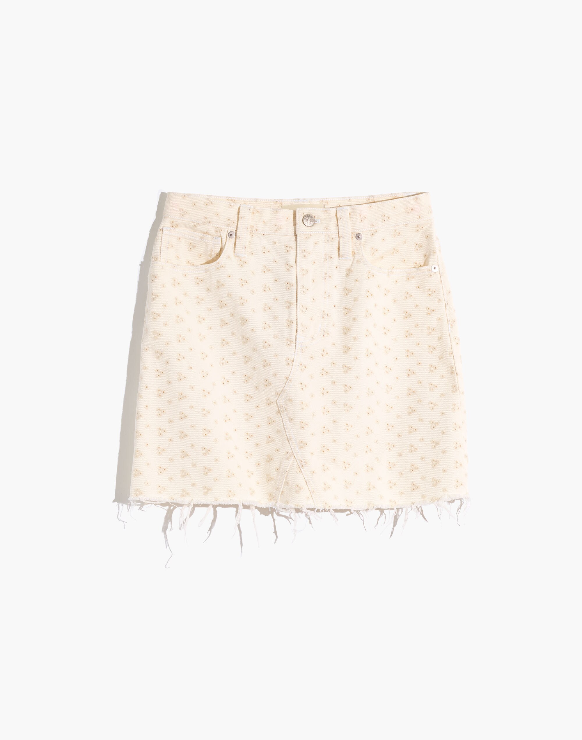 Rigid Denim A-Line Mini Skirt in Embroidered Eyelet