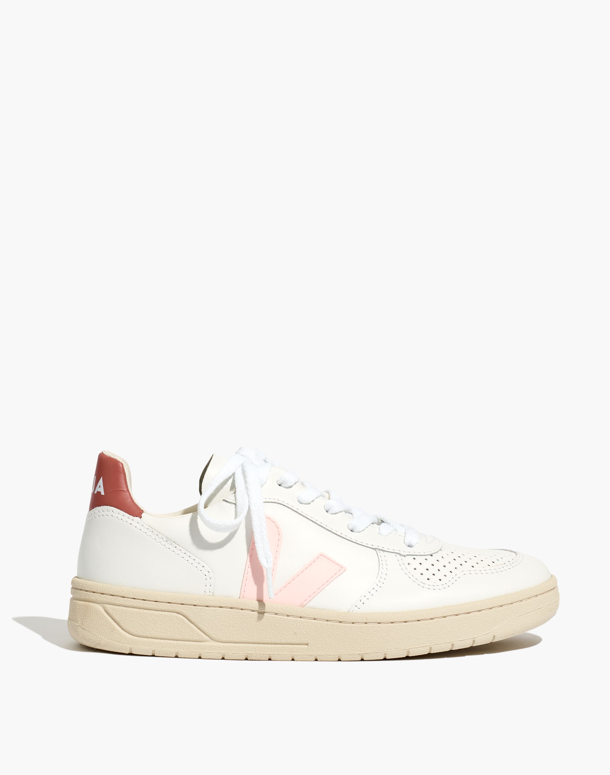 Veja&trade; Leather V-10 Lace-Up Sneakers in White with Pink Accents