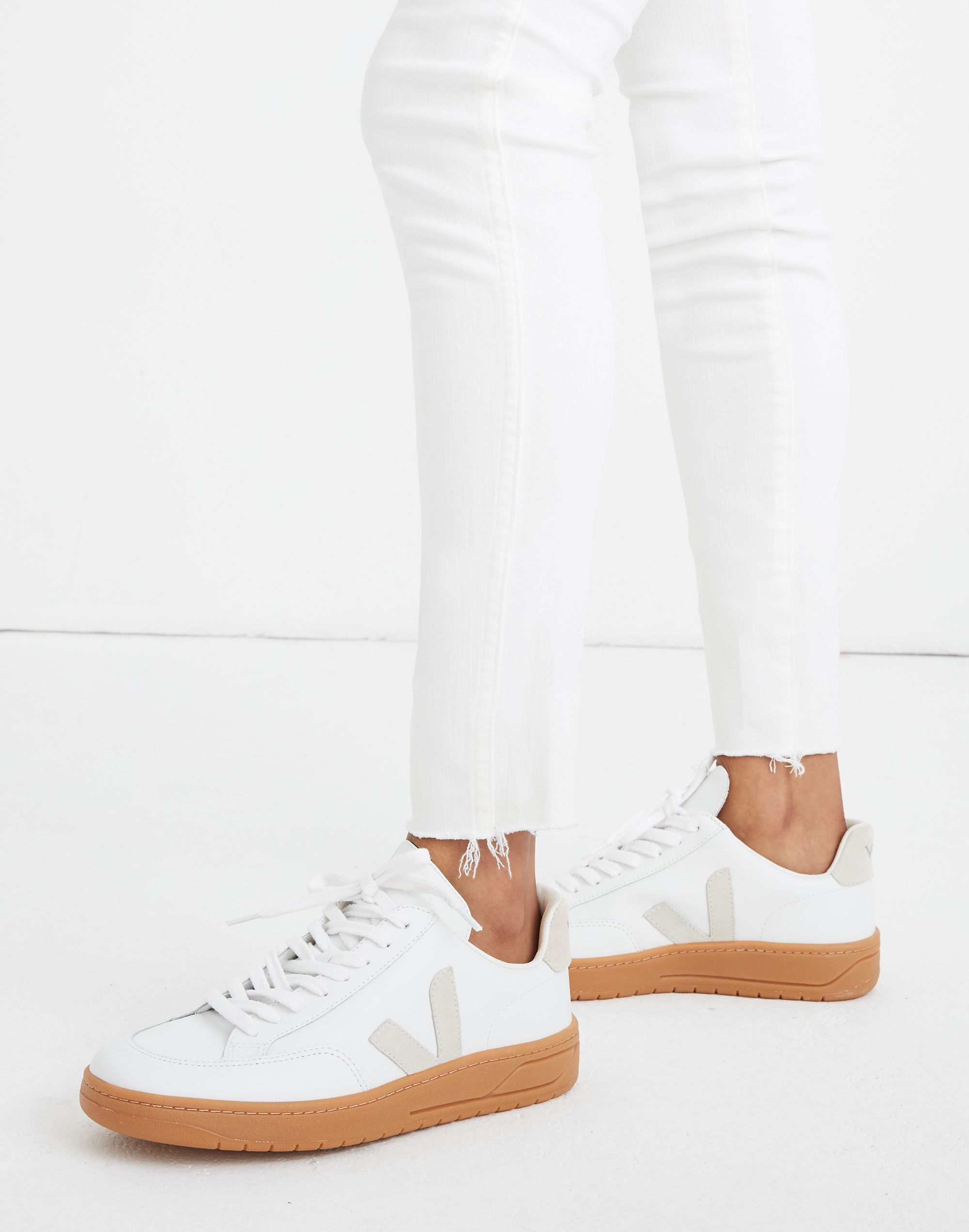 Veja&trade; Leather V-12 Lace-Up Sneakers in White and Natural