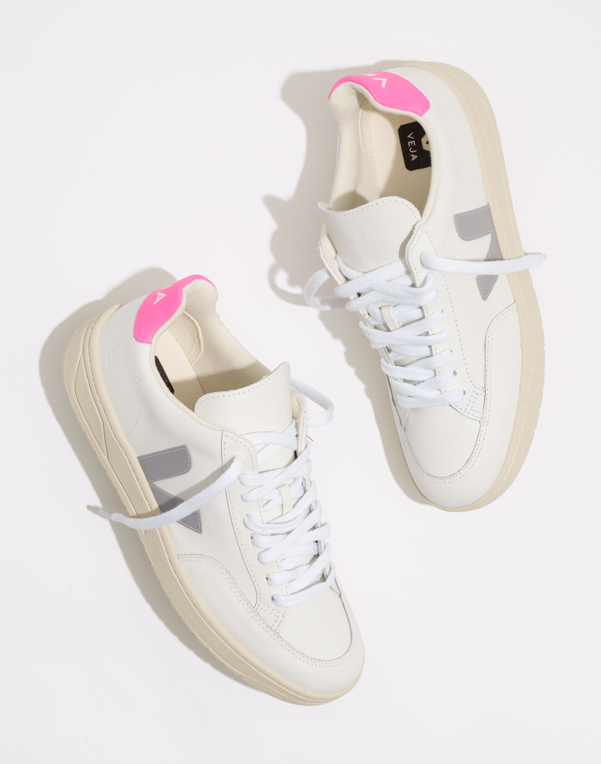 Veja&trade; Leather V-12 Lace-Up Sneakers in White and Natural
