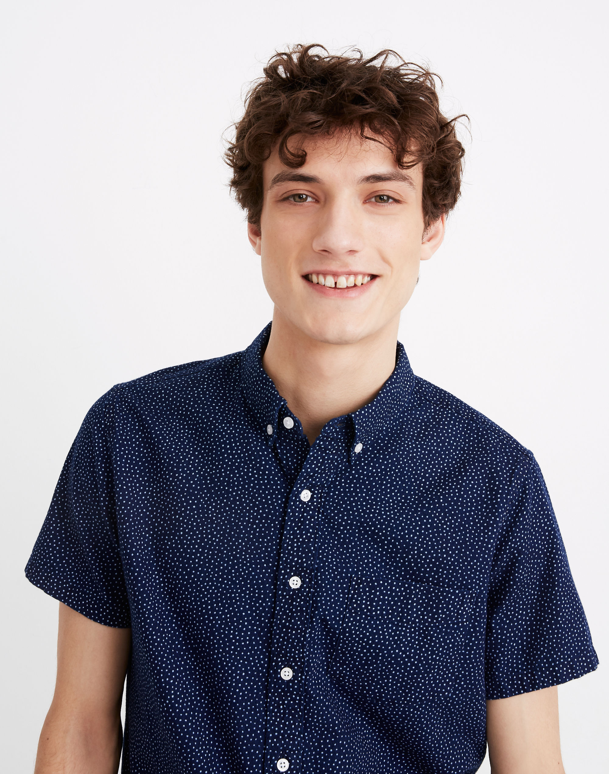 Short-Sleeve Button-Down Shirt in Indigo Dots