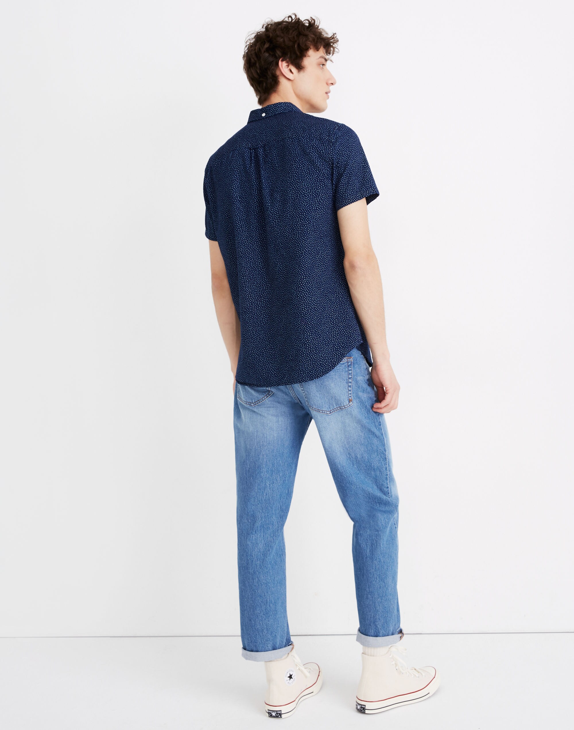 Short-Sleeve Button-Down Shirt in Indigo Dots