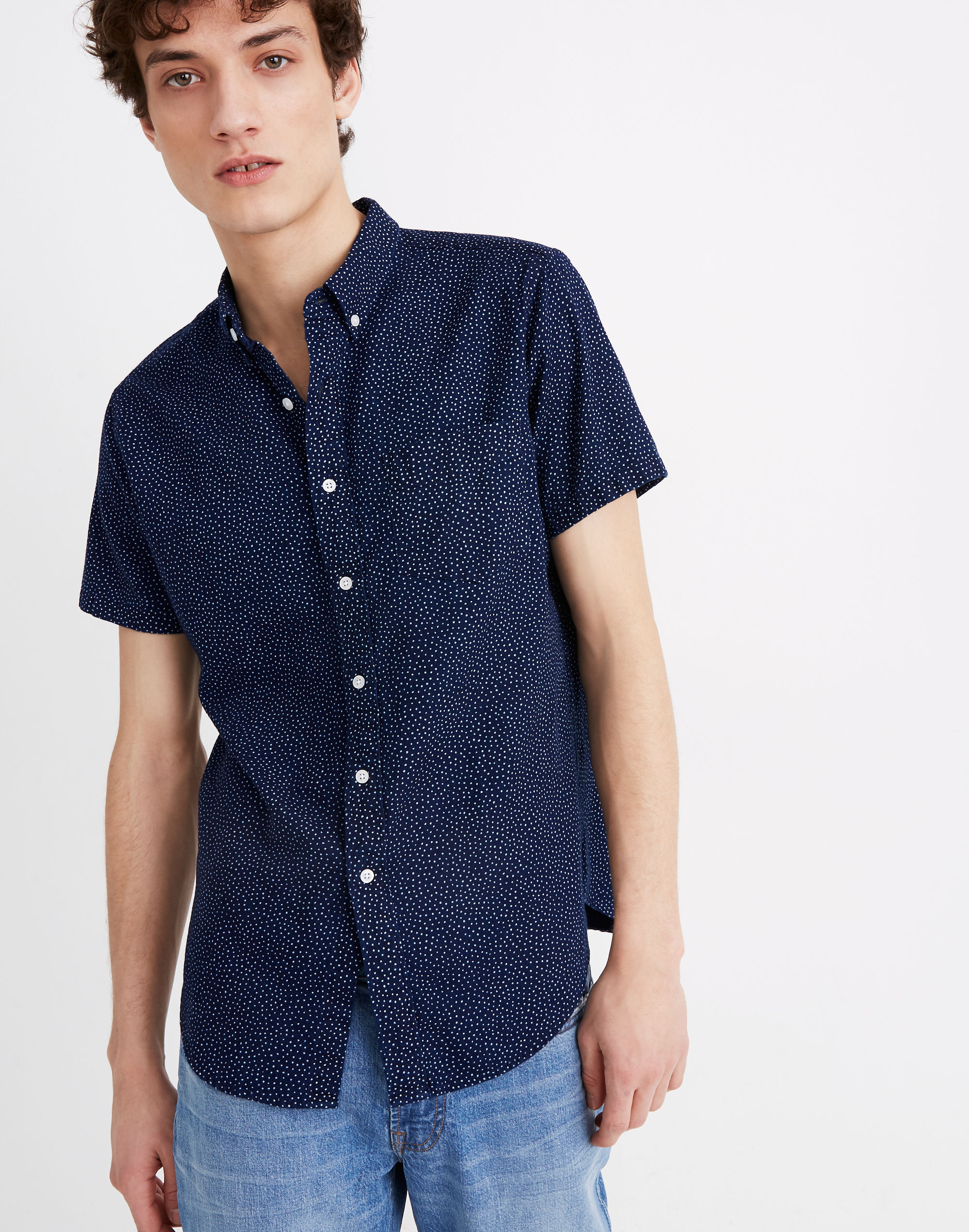 Short-Sleeve Button-Down Shirt in Indigo Dots