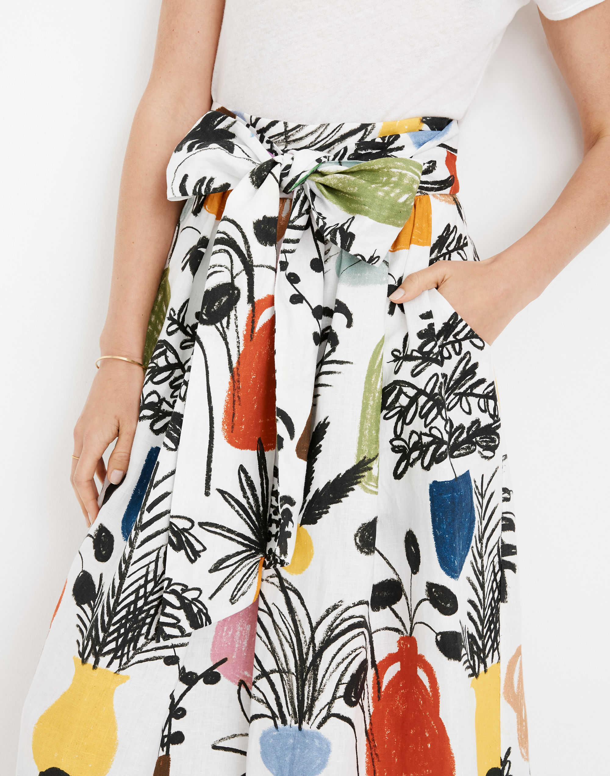 WHIT&reg; Kimani Tie-Waist Midi Skirt in Potted Plant Print