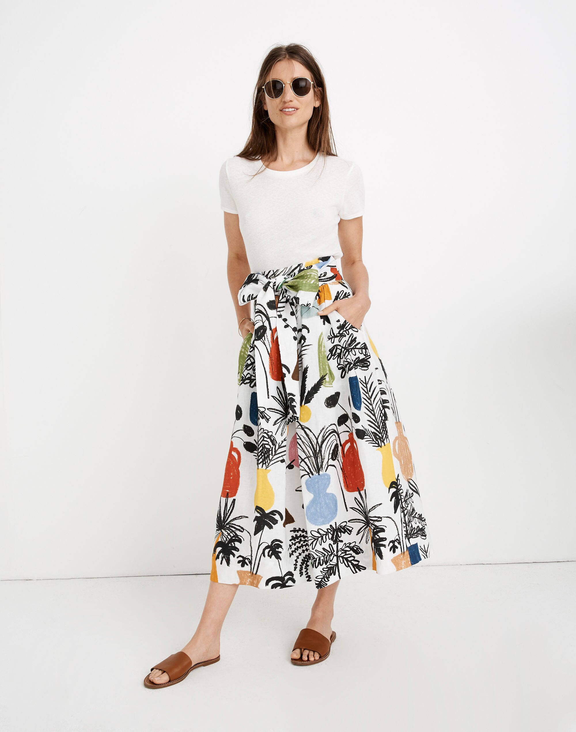 WHIT&reg; Kimani Tie-Waist Midi Skirt in Potted Plant Print