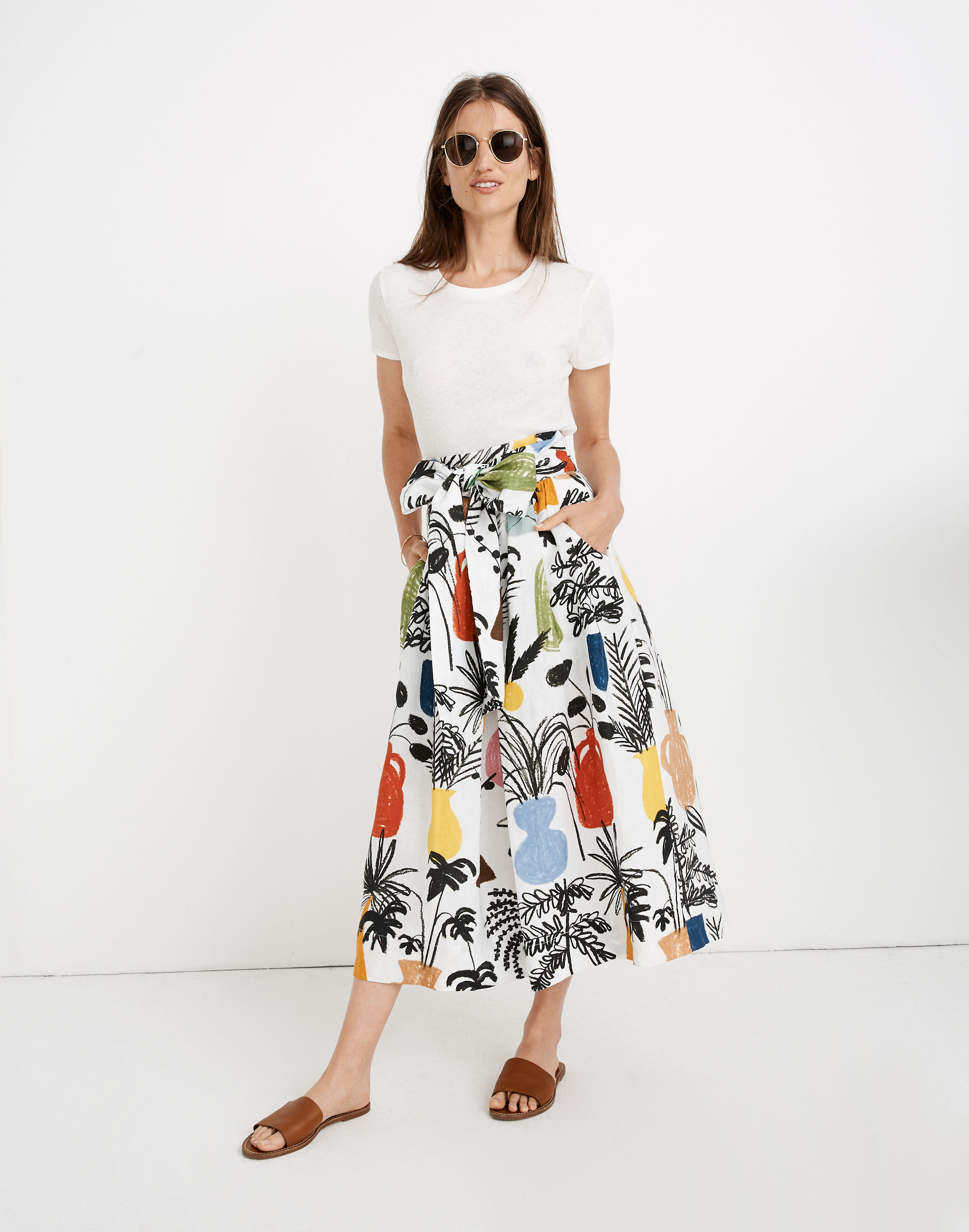 WHIT&reg; Kimani Tie-Waist Midi Skirt in Potted Plant Print