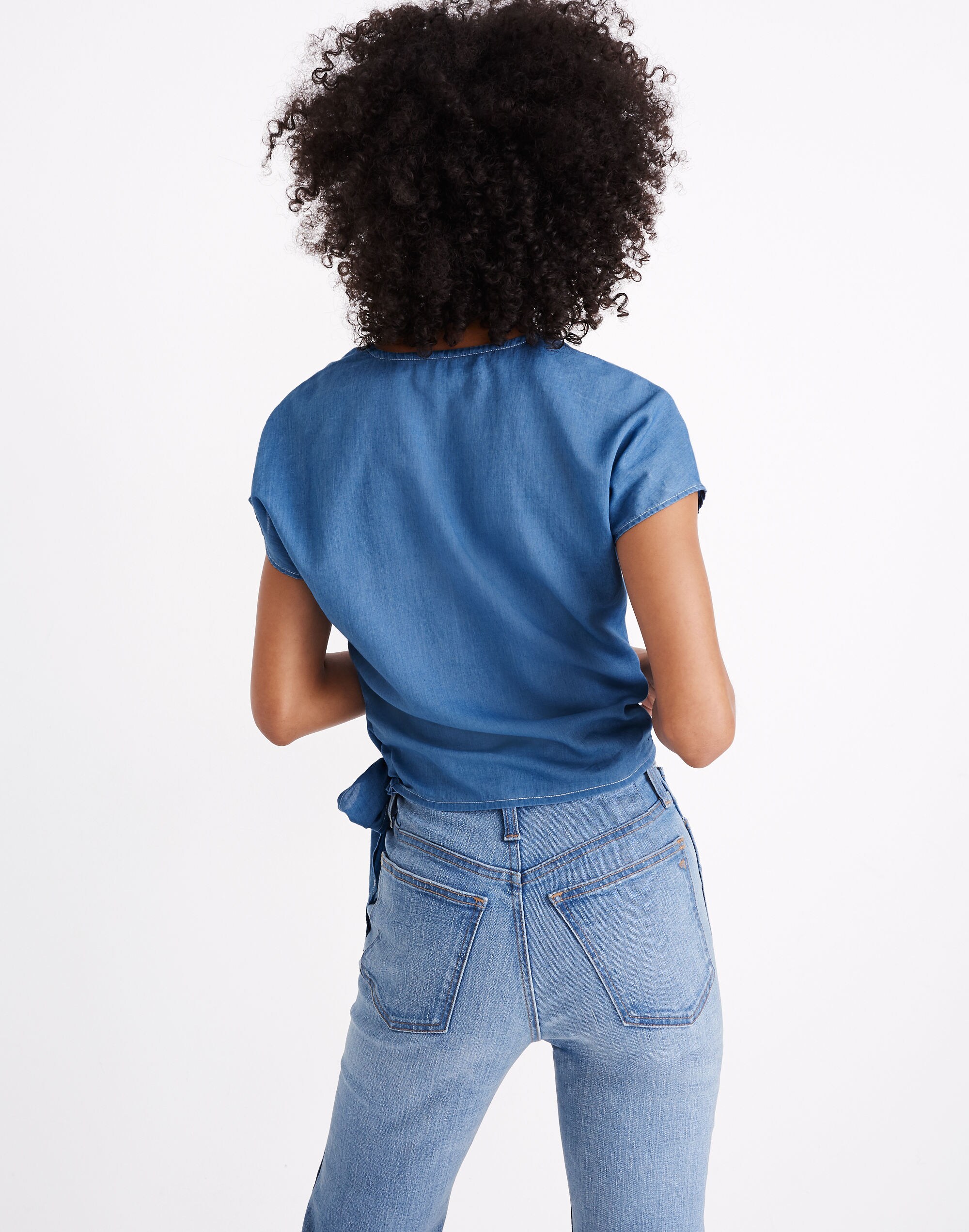 Denim Short-Sleeve Wrap Top in Faded Indigo