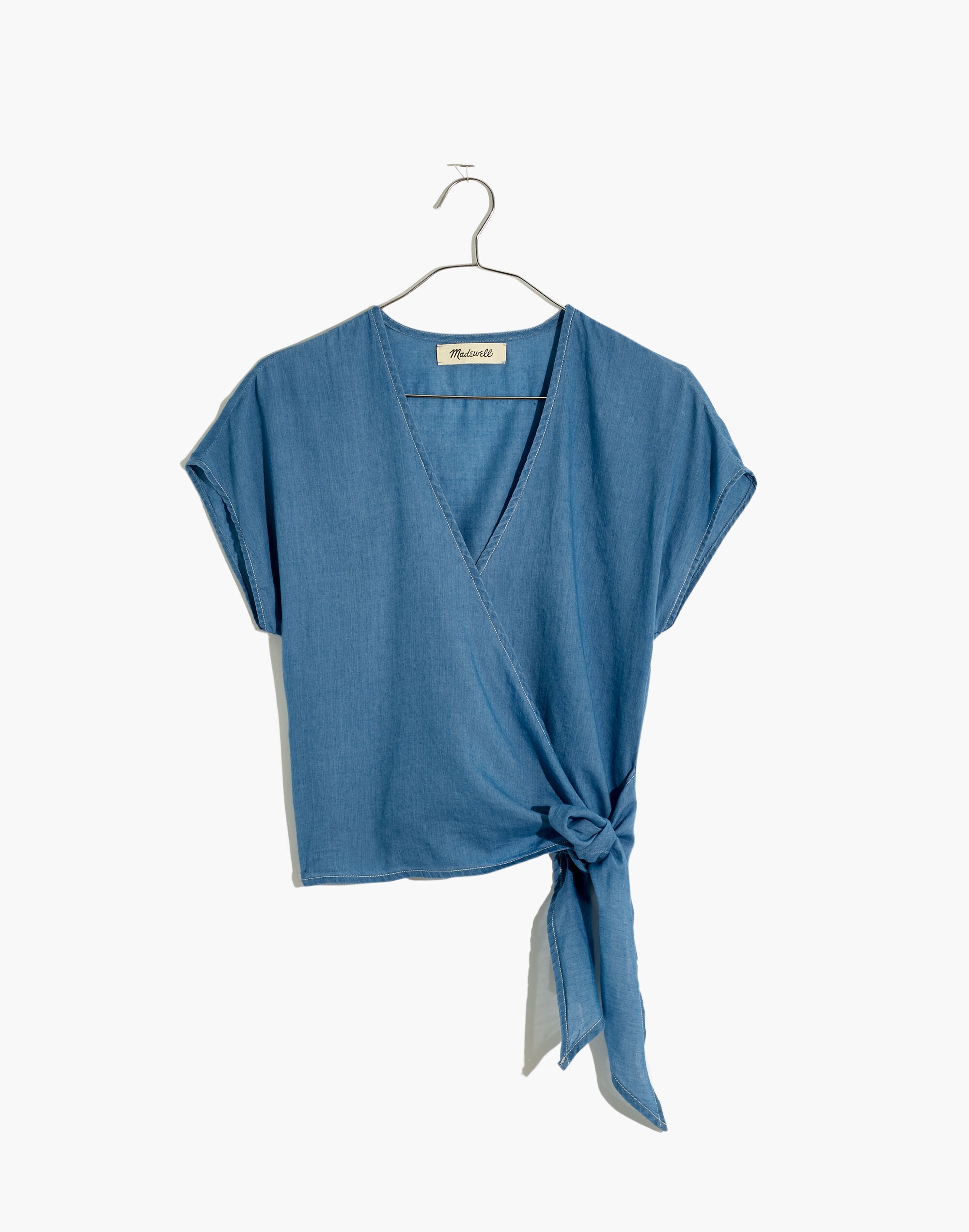 Denim Short-Sleeve Wrap Top in Faded Indigo