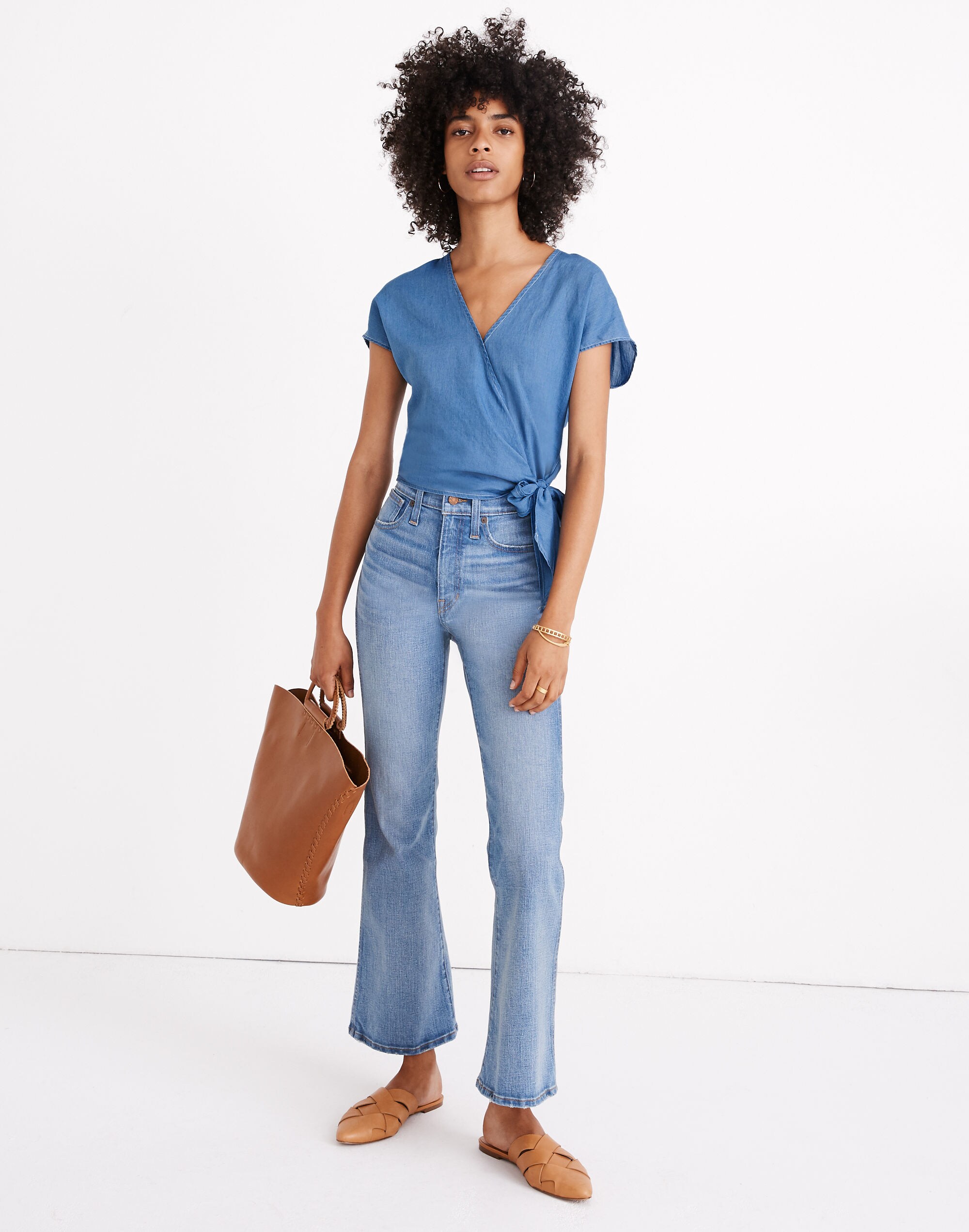 Denim Short-Sleeve Wrap Top in Faded Indigo