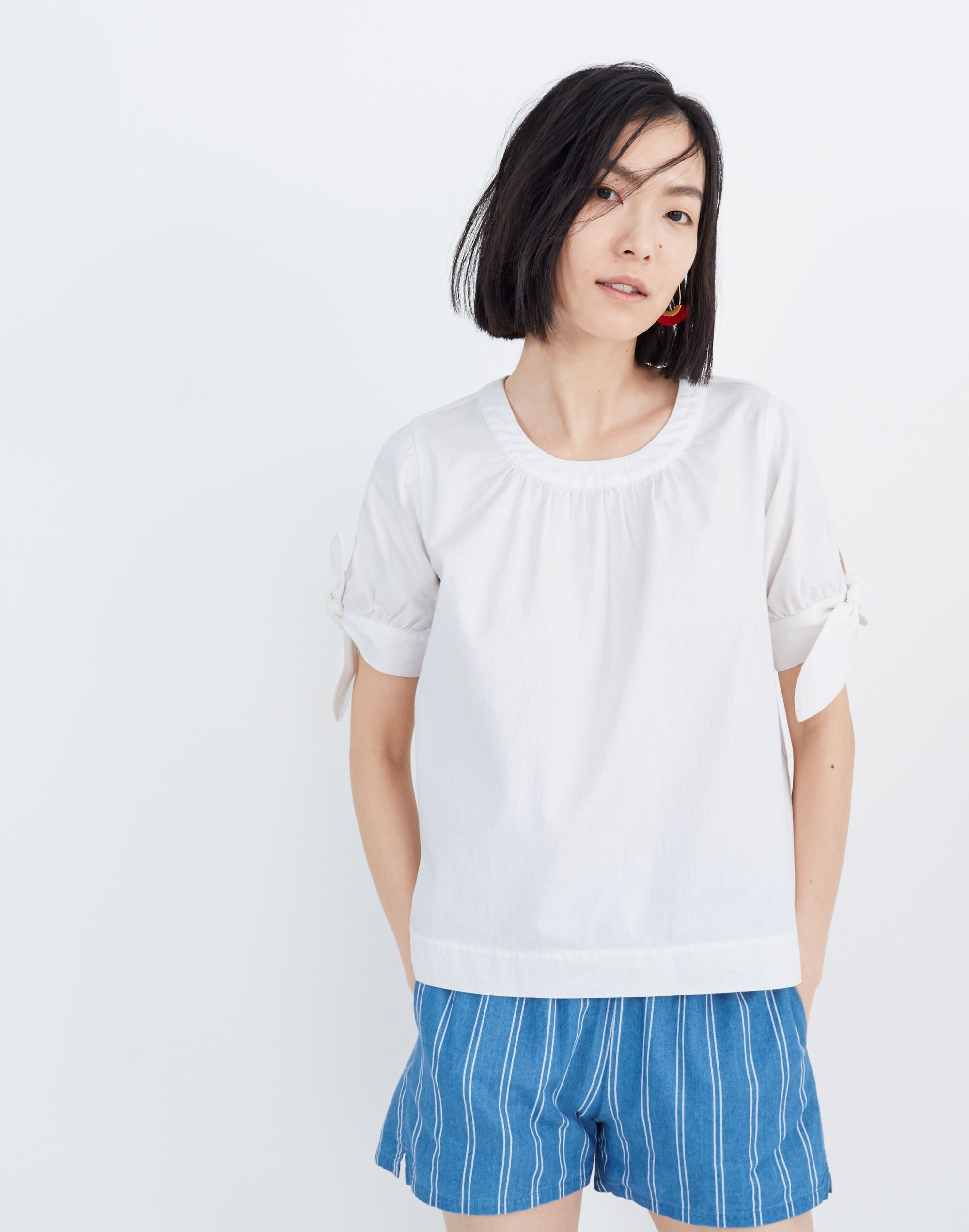 Denim Tie-Cuff Shirt in Pure White