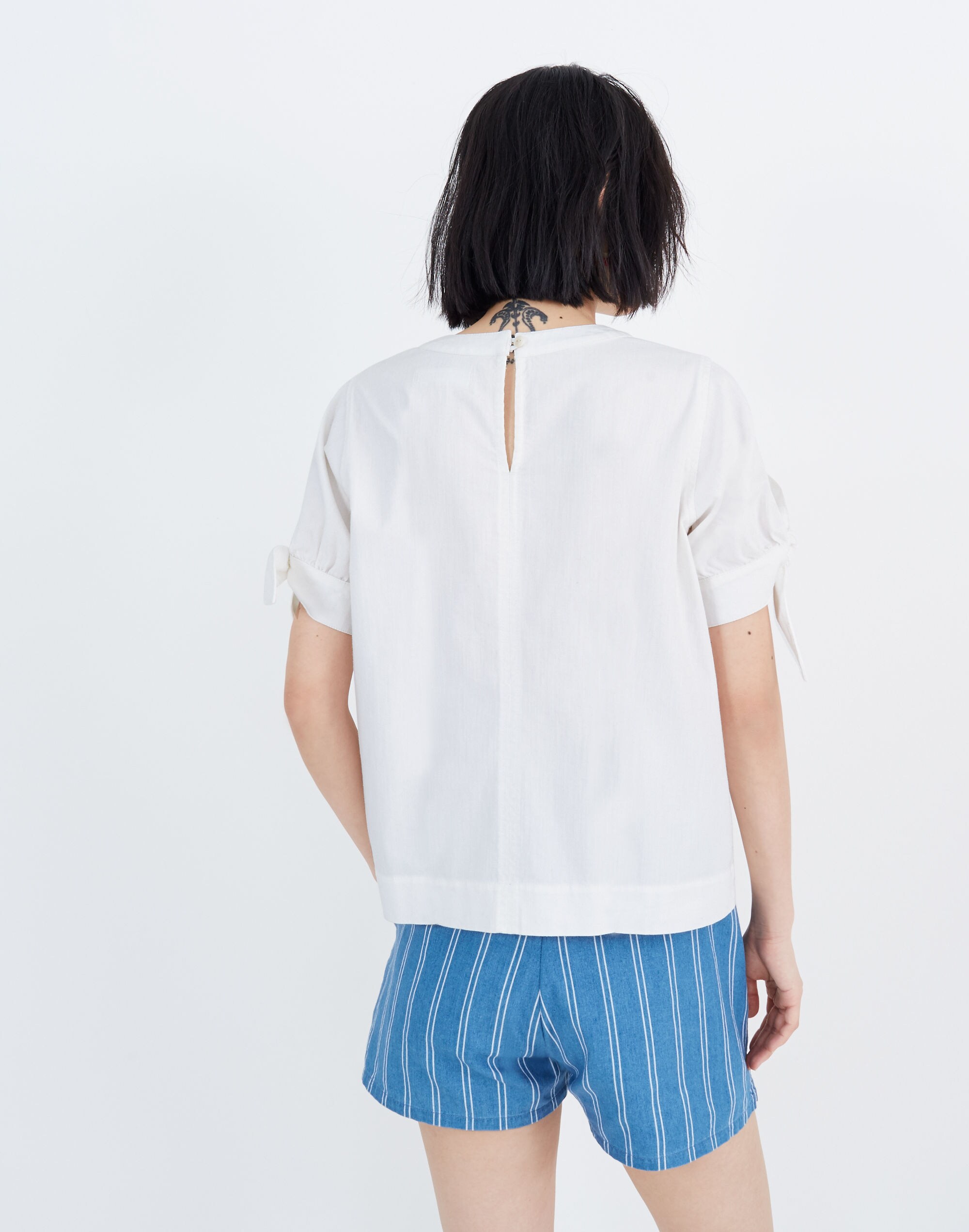 Denim Tie-Cuff Shirt in Pure White