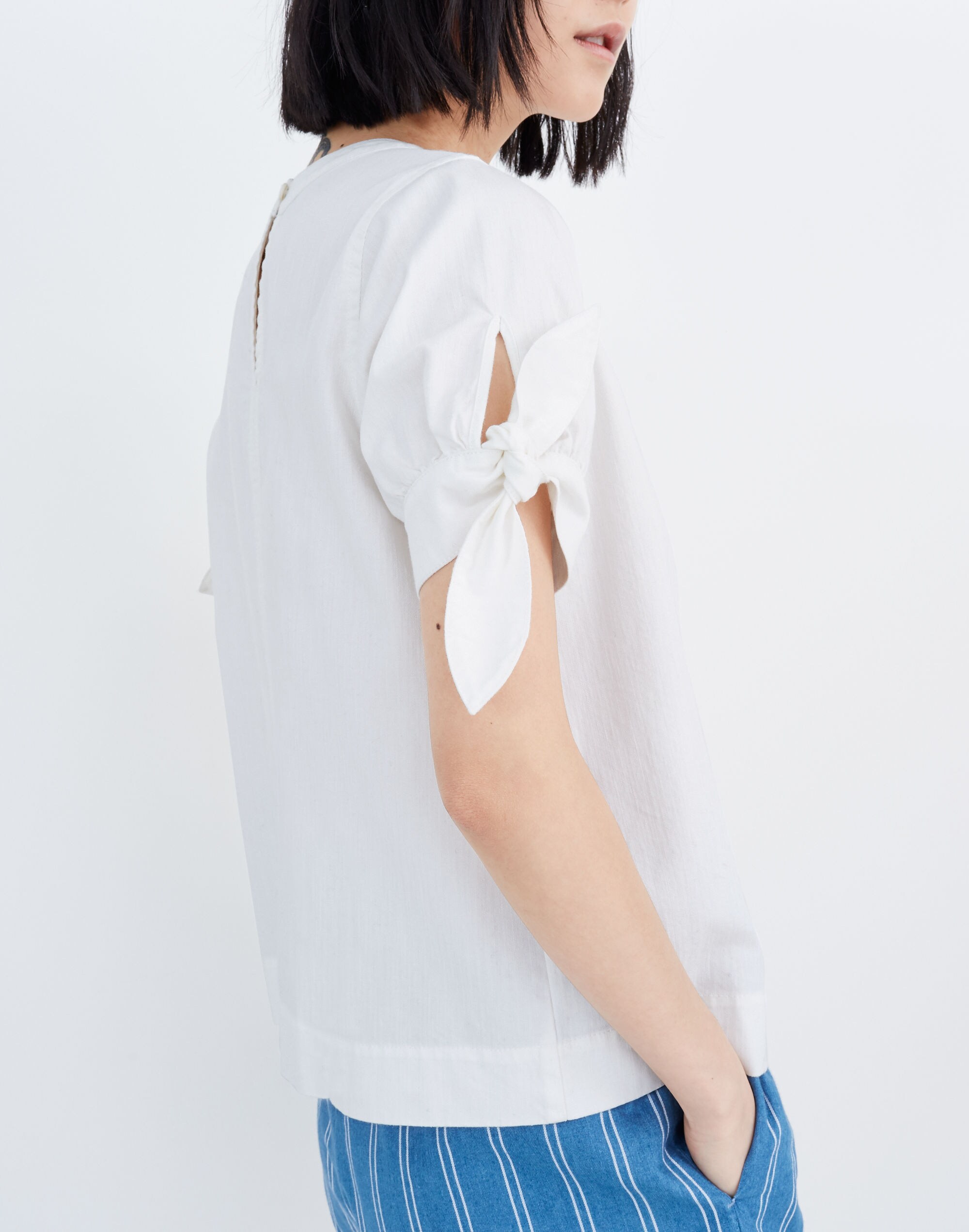 Denim Tie-Cuff Shirt in Pure White