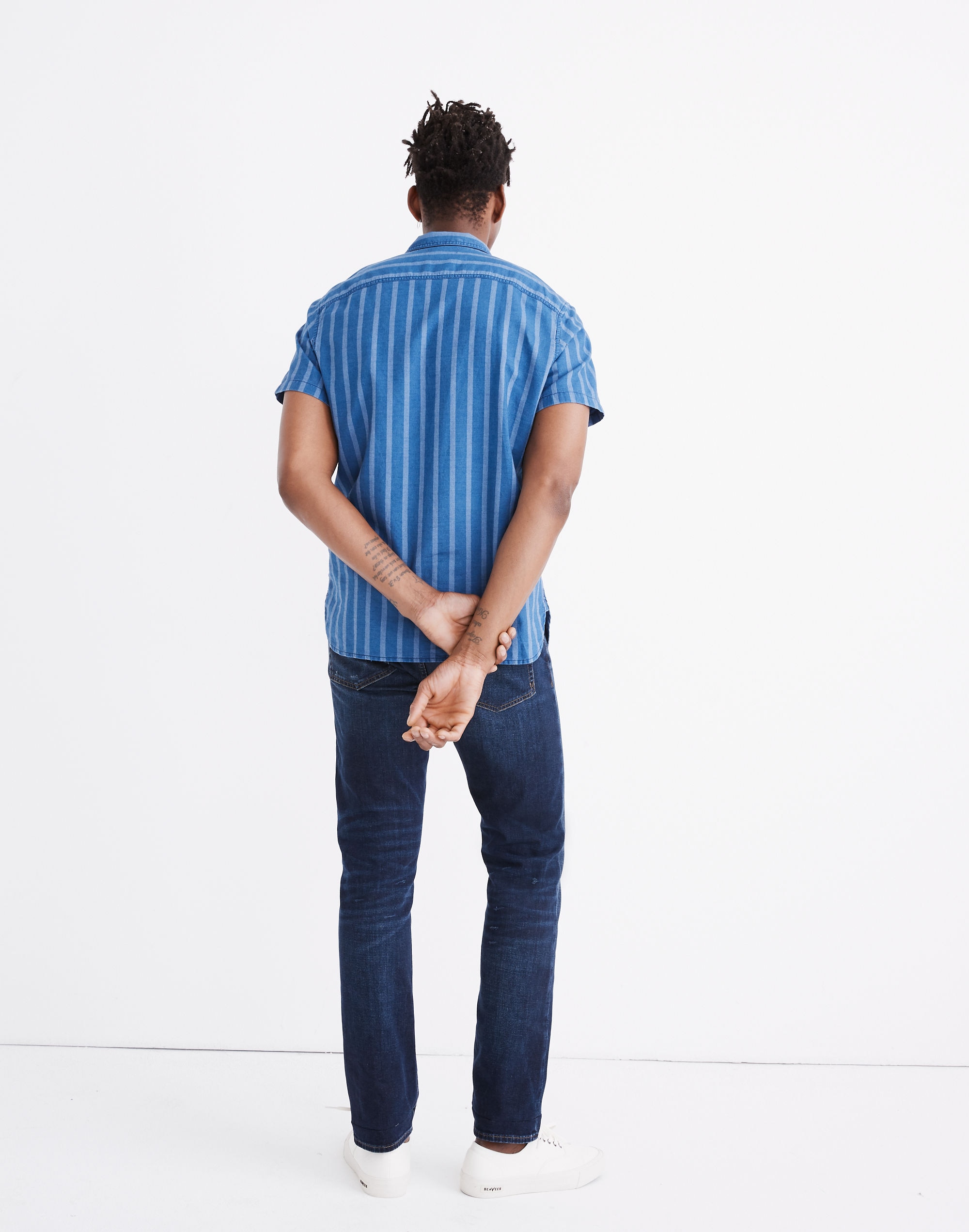 Short-Sleeve Button-Down Workshirt in Atlantic Indigo Stripe