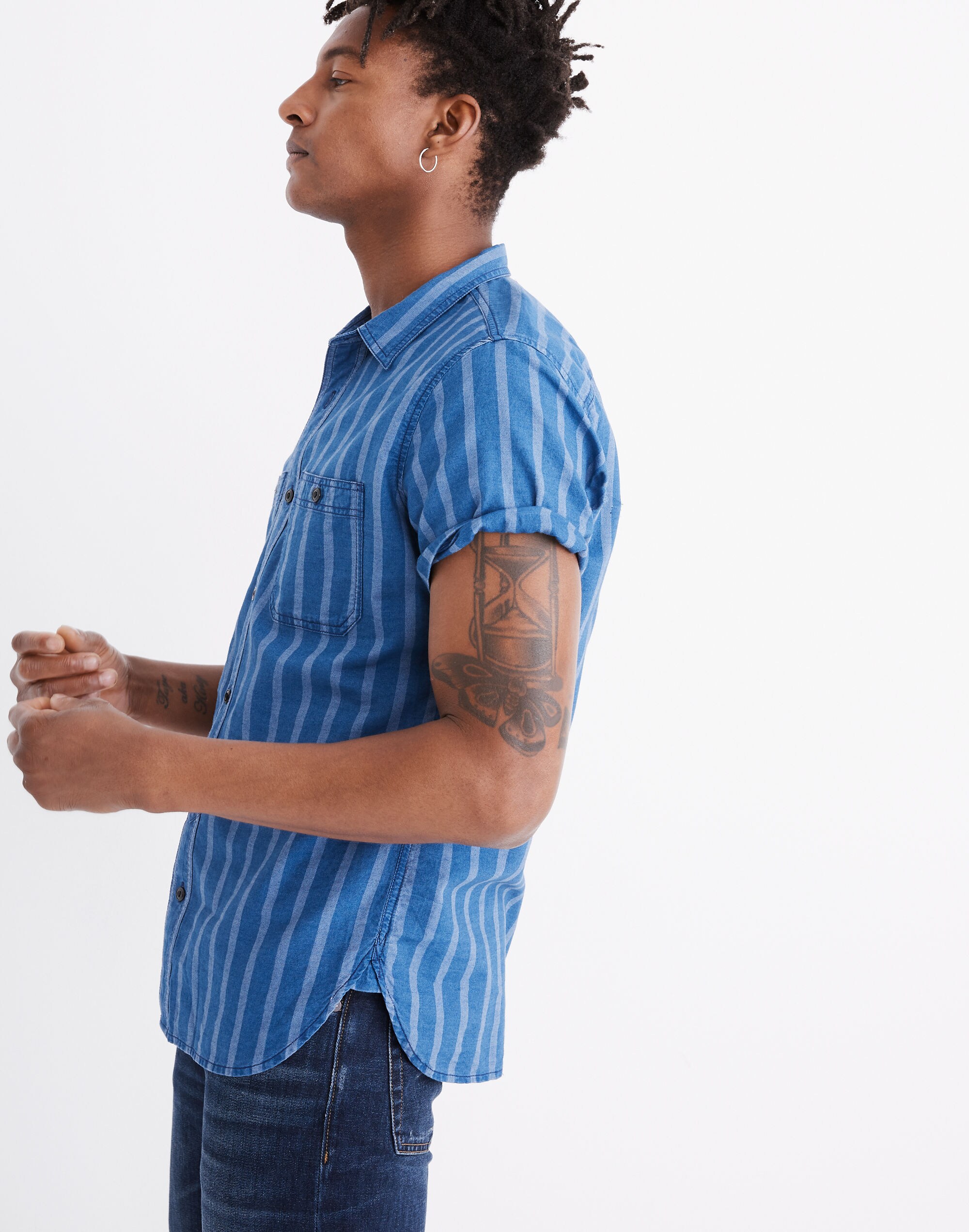 Short-Sleeve Button-Down Workshirt in Atlantic Indigo Stripe