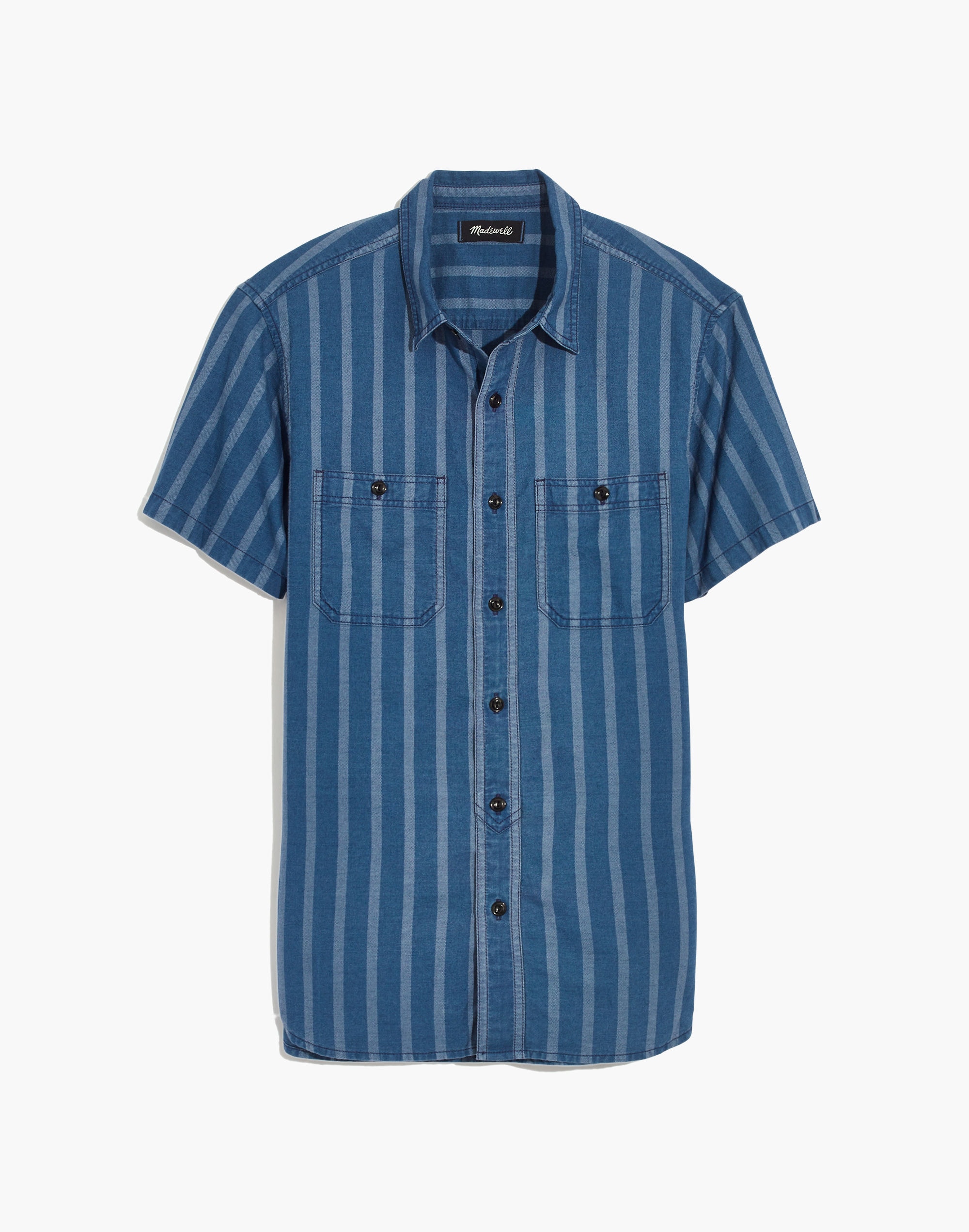 Short-Sleeve Button-Down Workshirt in Atlantic Indigo Stripe