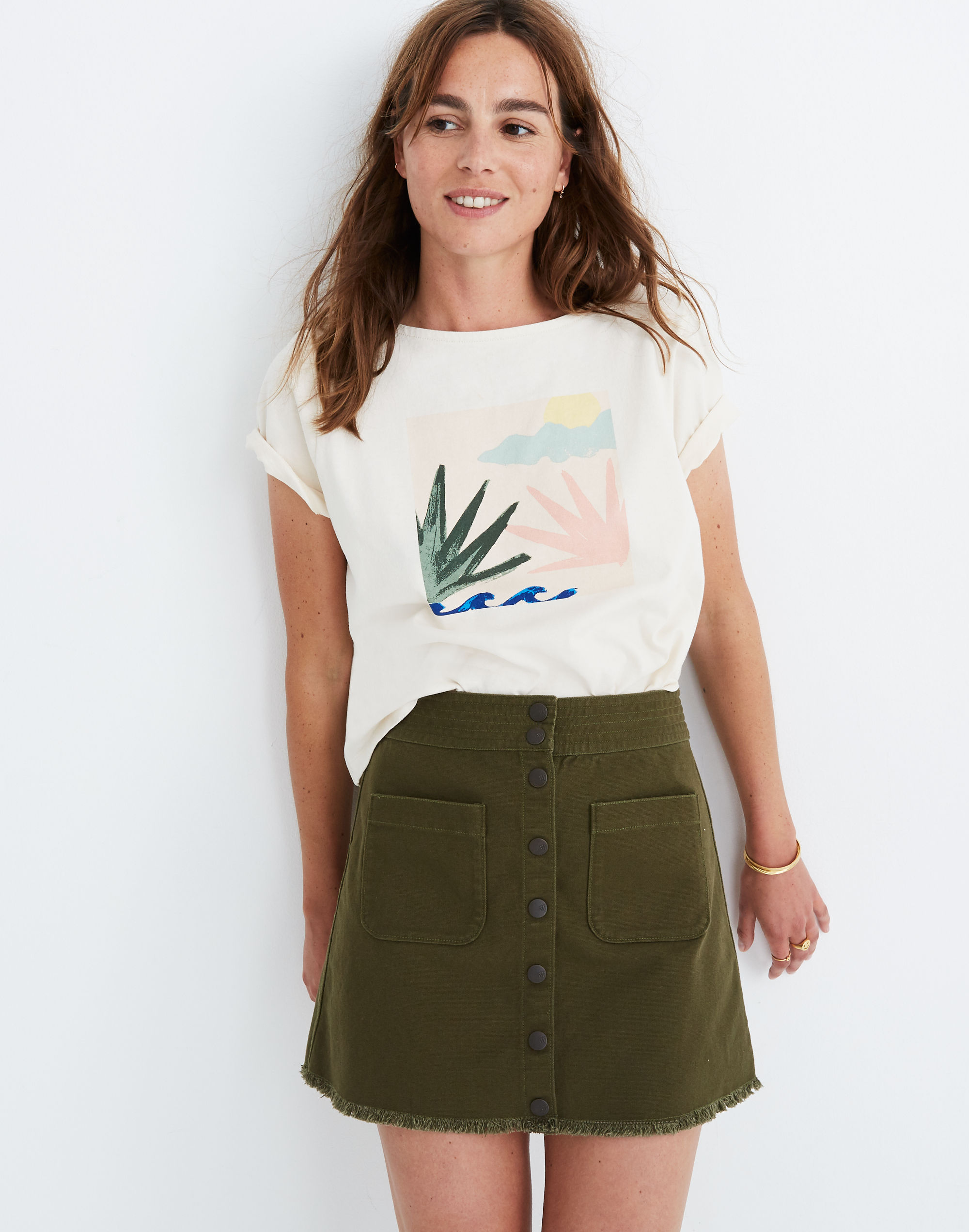 Raw-Hem A-Line Mini Skirt in Kale