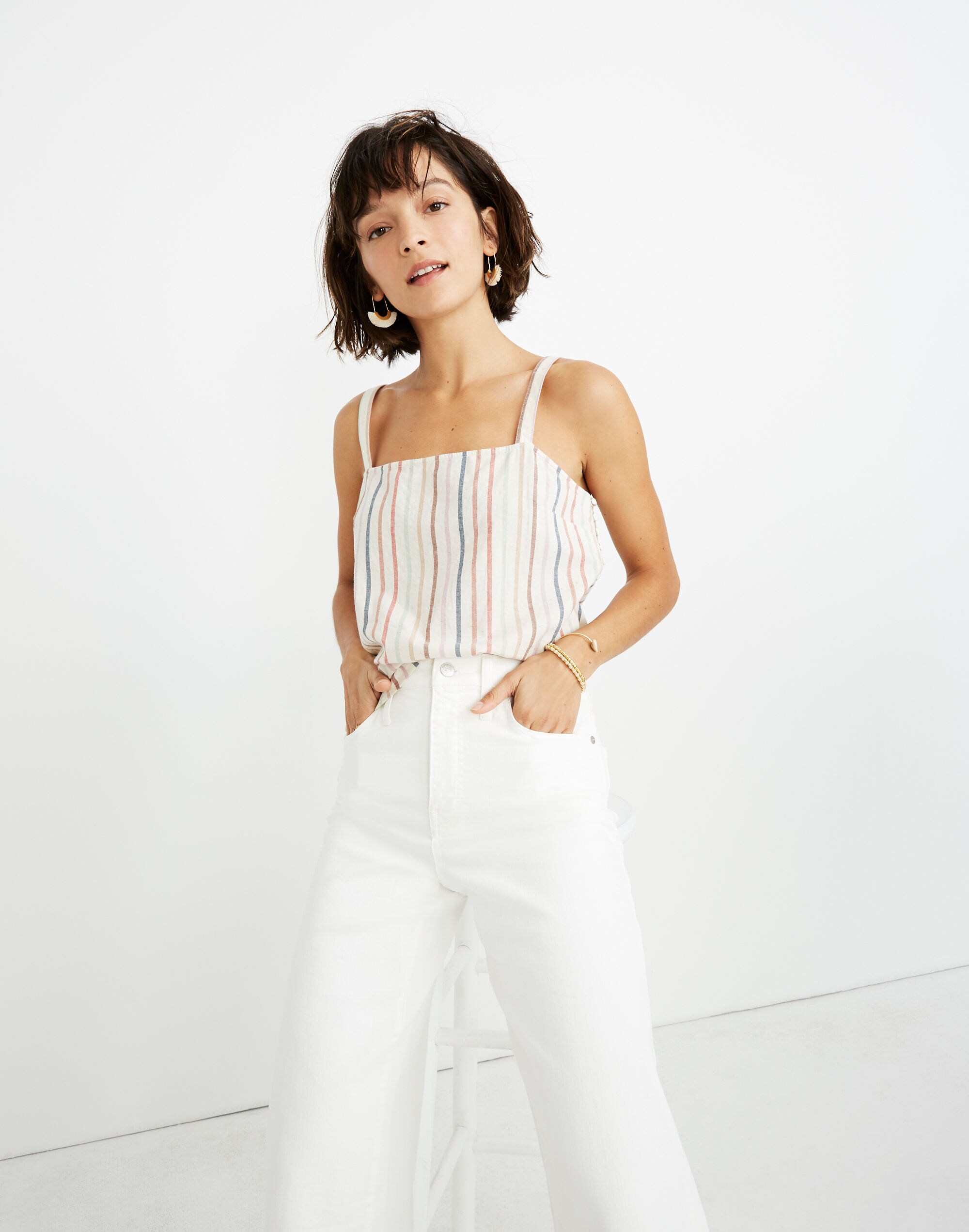 Side-Button Cami Top in Flecked Rainbow Stripe