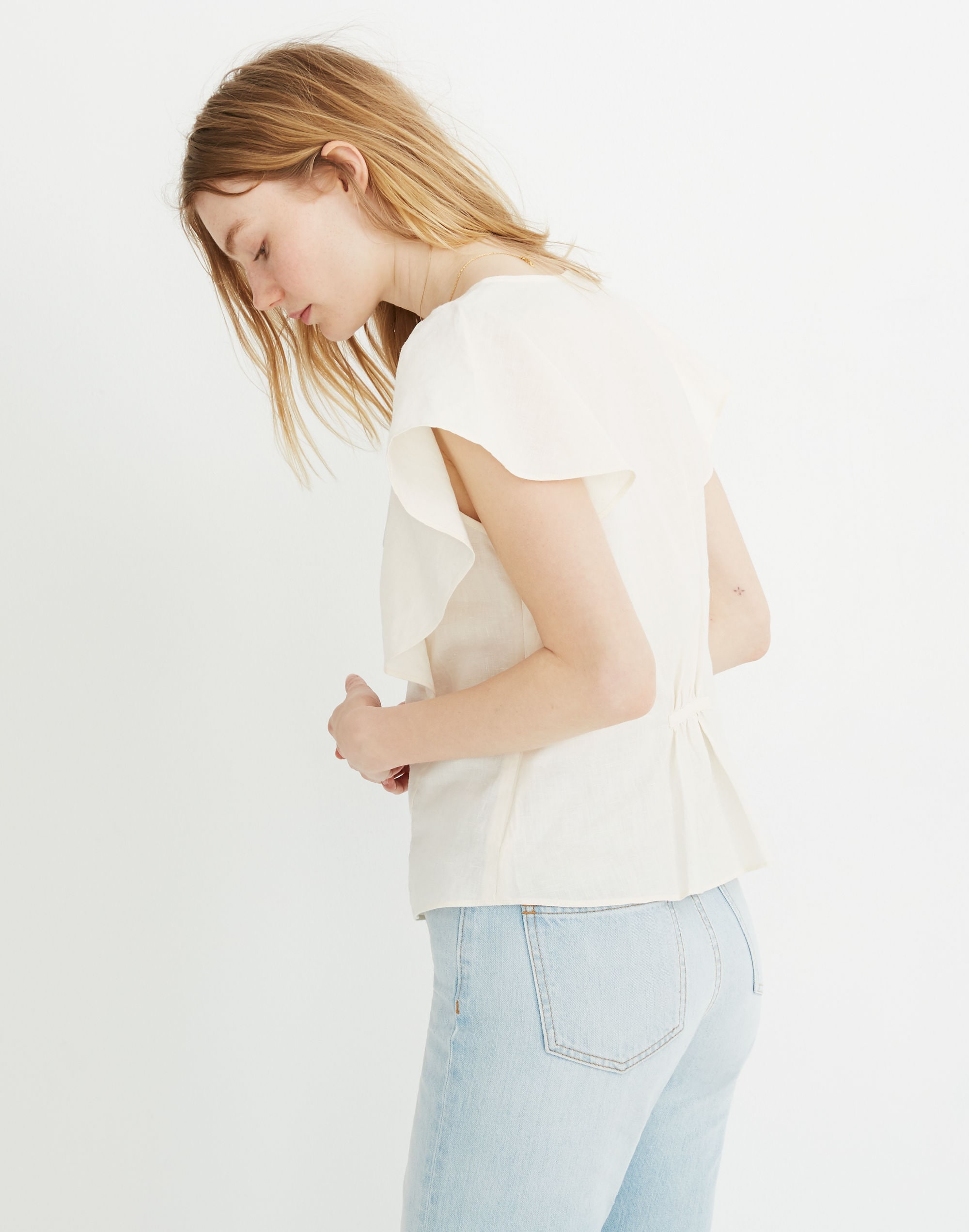Linen Carmelina Flutter-Sleeve Top