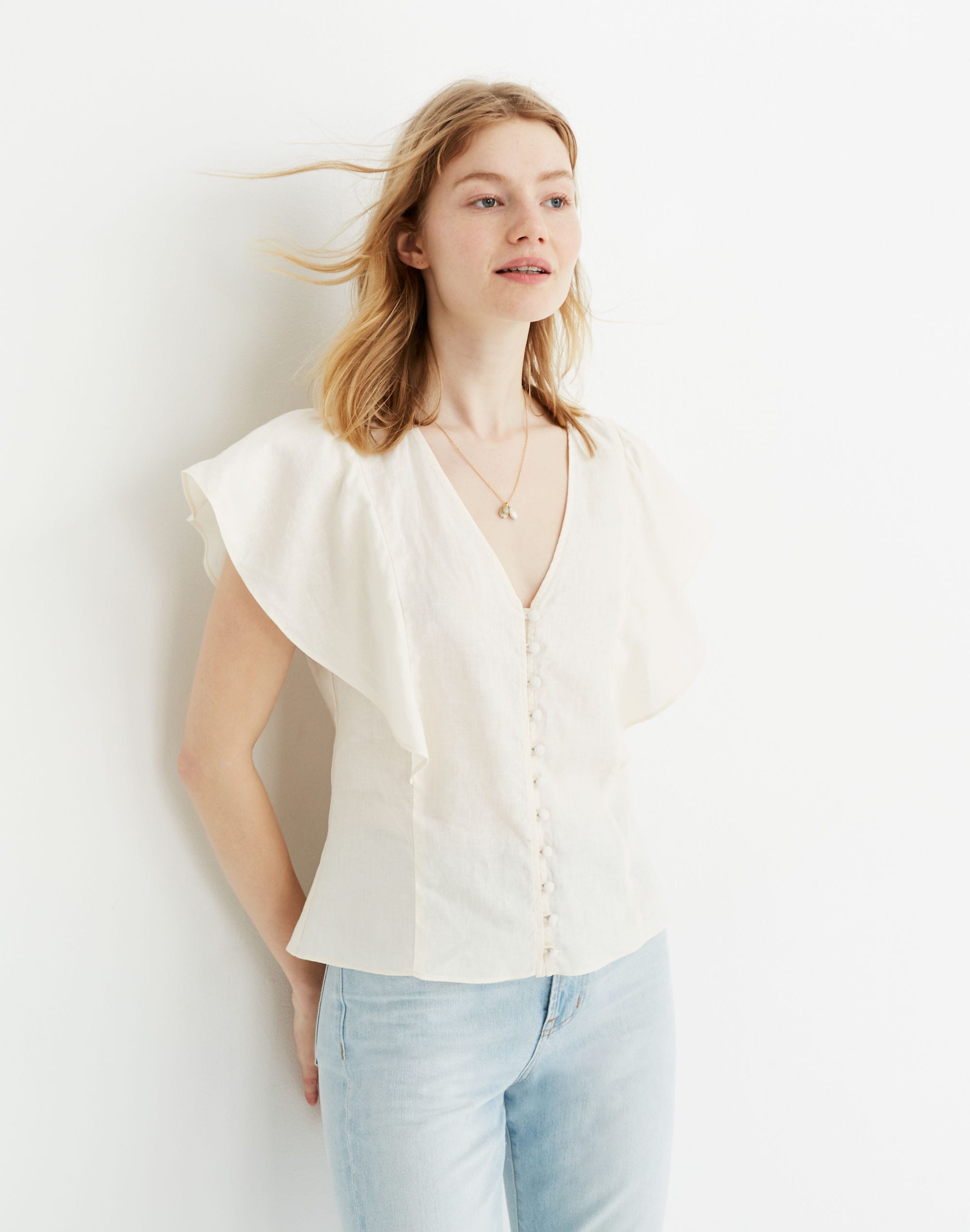 Linen Carmelina Flutter-Sleeve Top