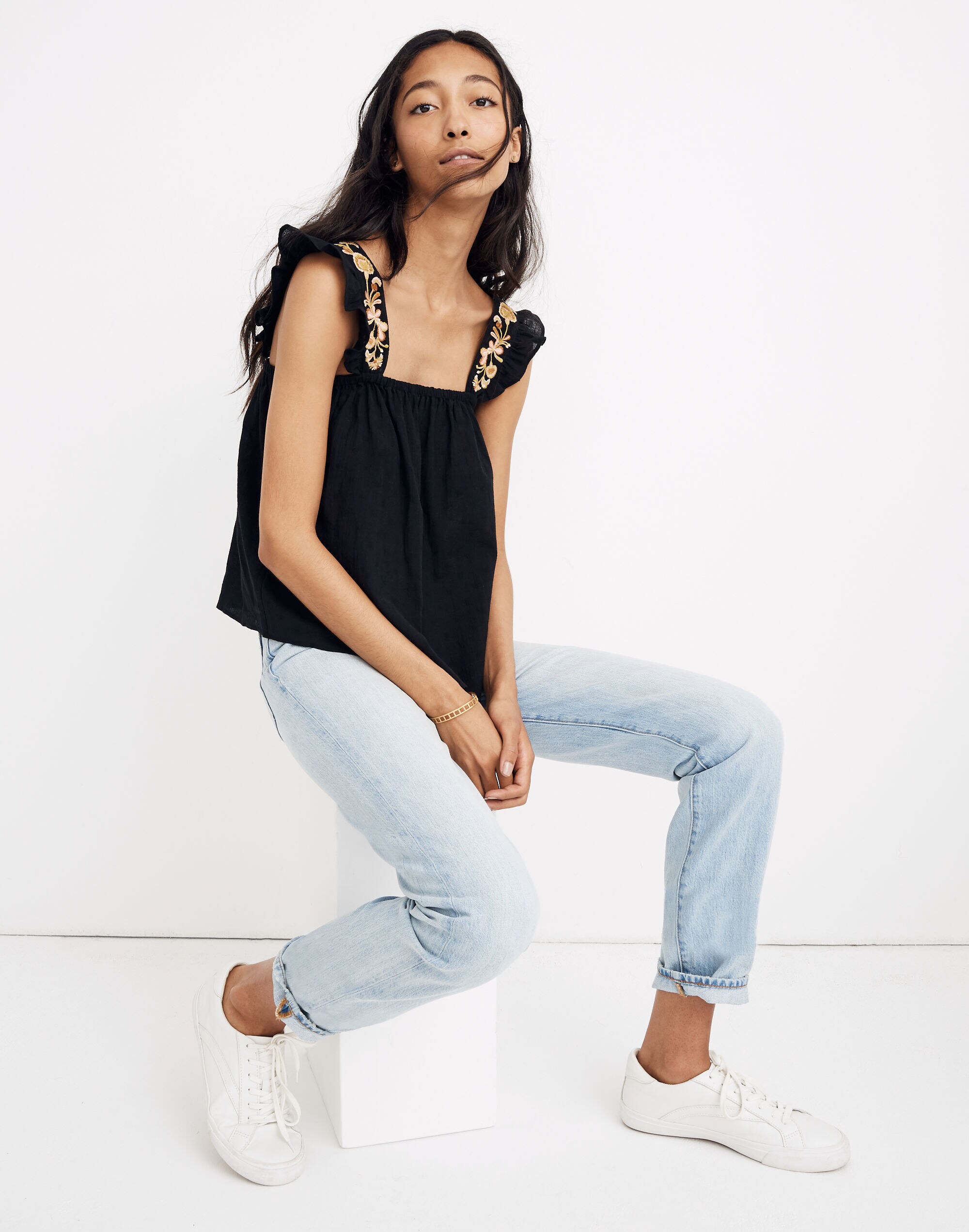 Embroidered-Strap Swing Top