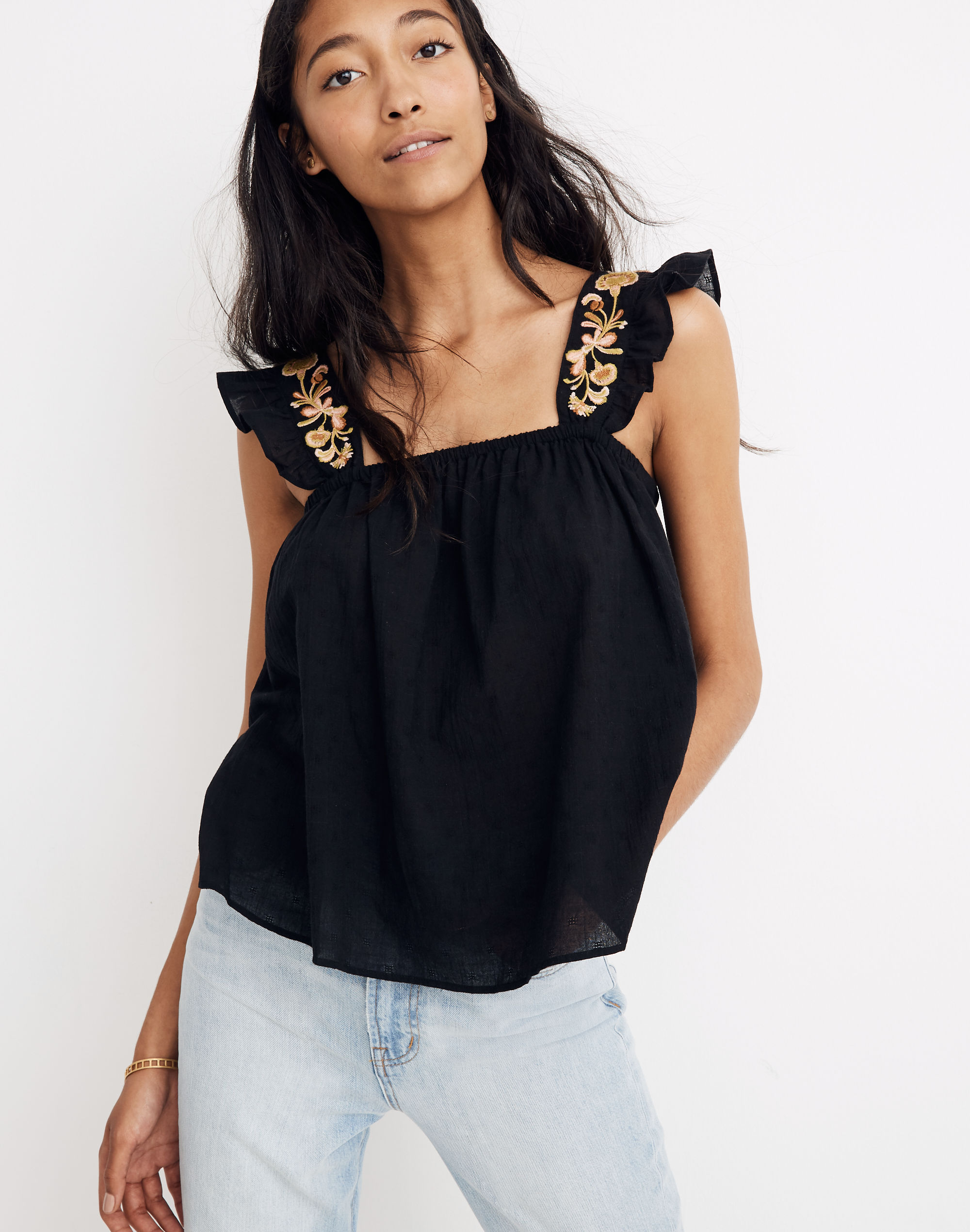 Embroidered-Strap Swing Top