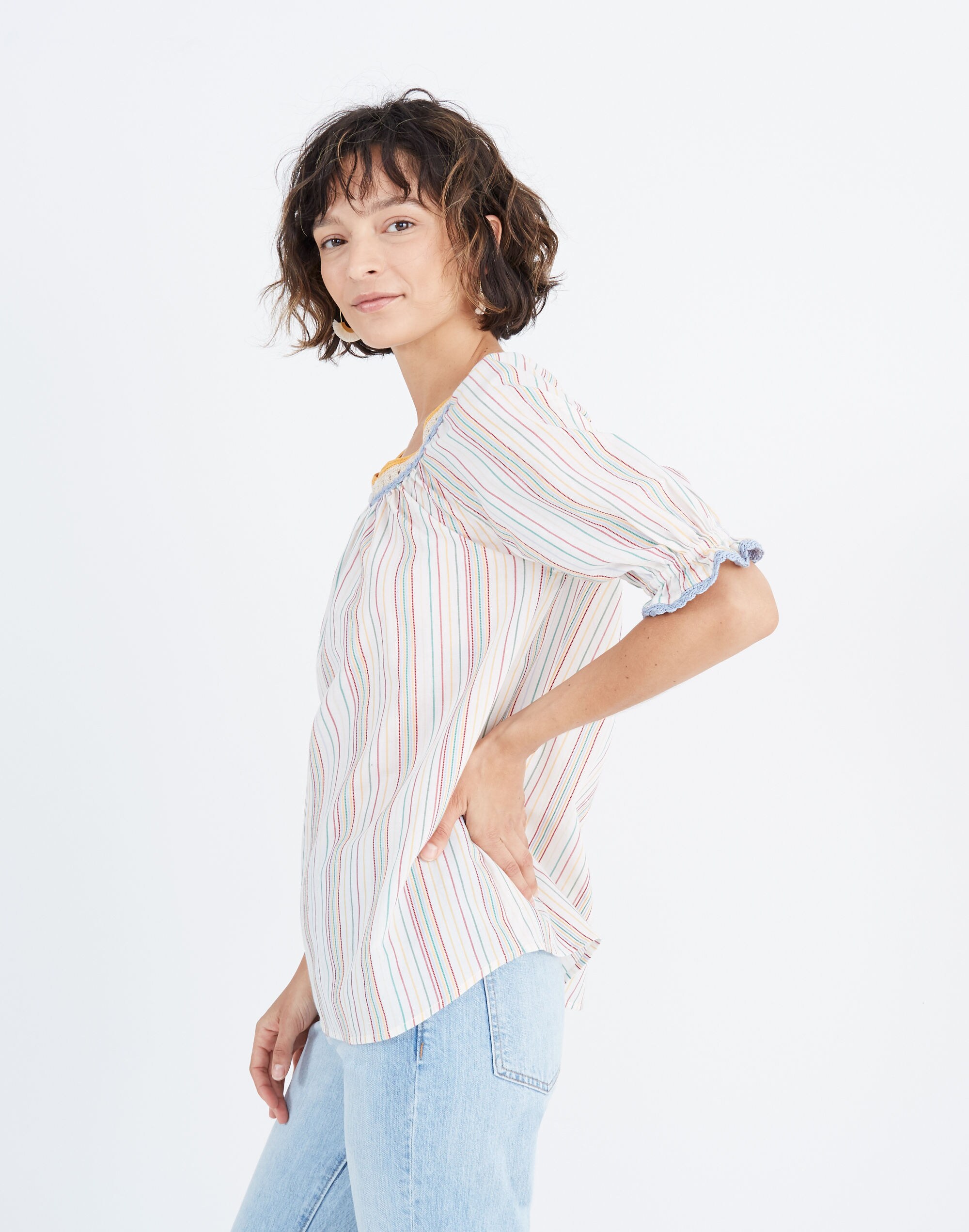 Crochet Peasant Top in Textural Rainbow Stripe