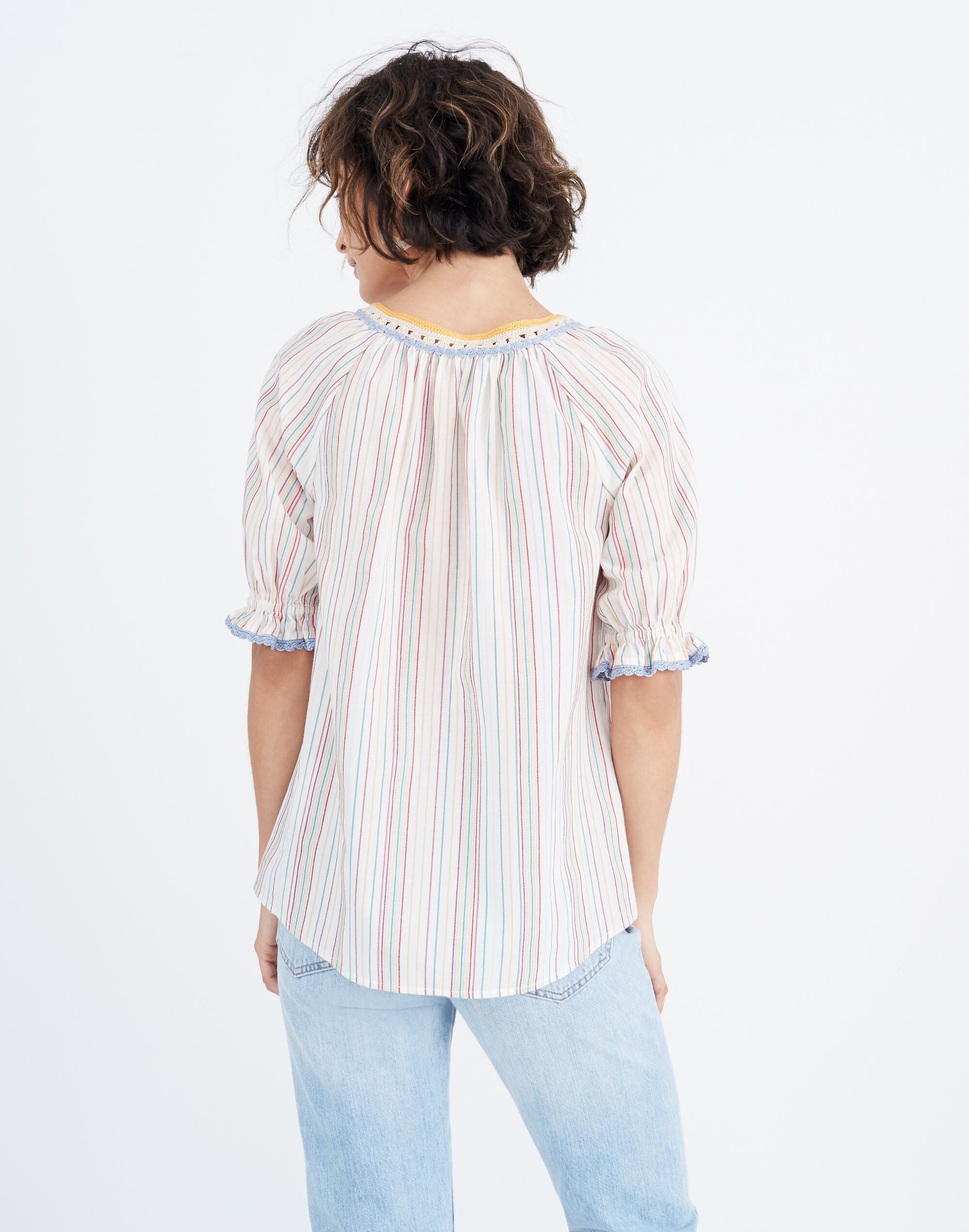 Crochet Peasant Top in Textural Rainbow Stripe