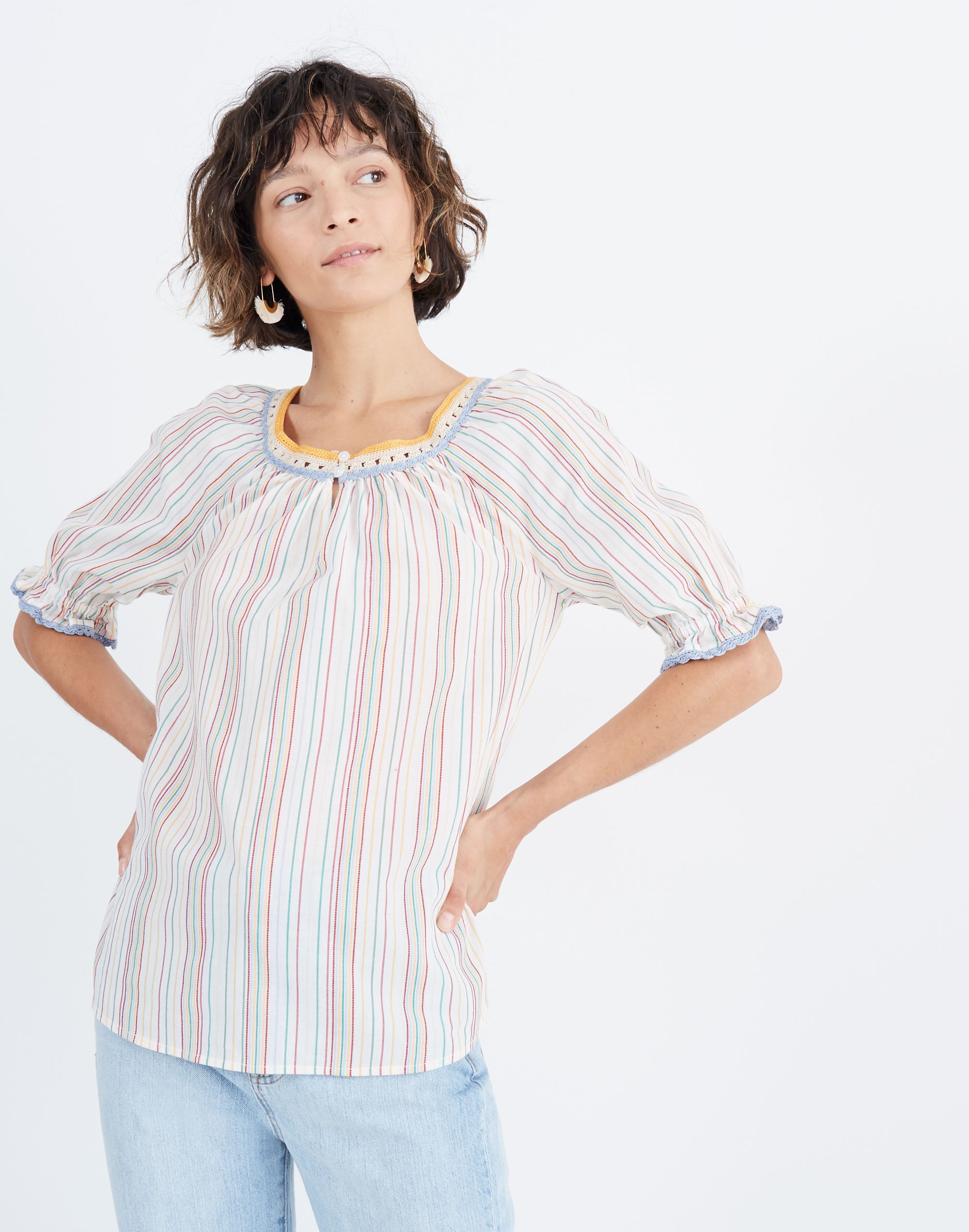 crochet peasant top in textural rainbow stripe