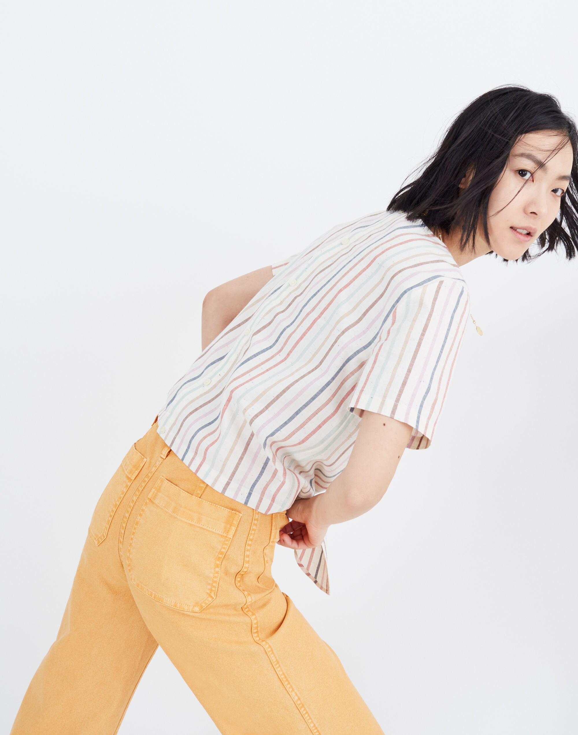 Button-Back Tie Tee in Rainbow Stripe